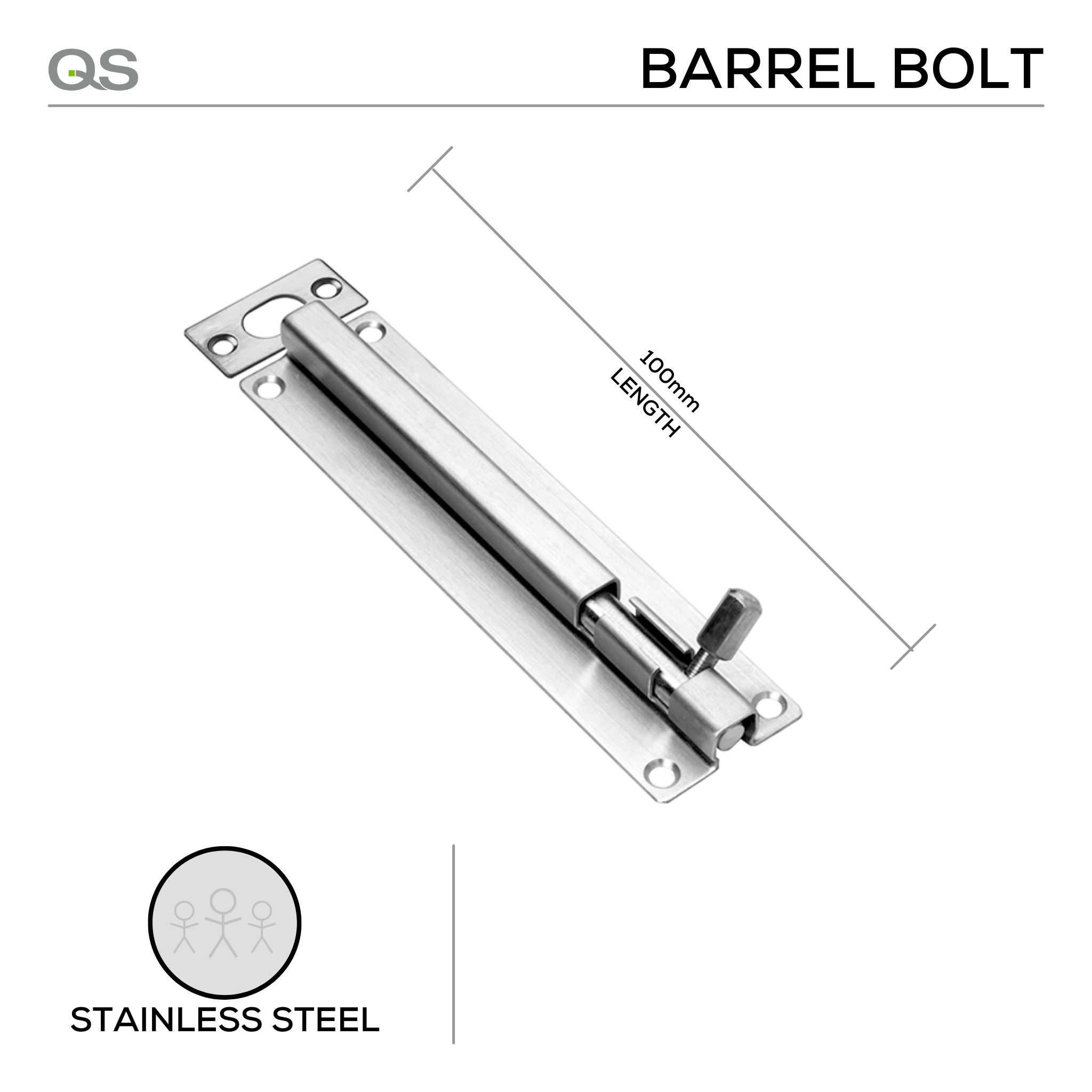 QS4448/1 100 STR, Barrel Bolt, 100mm (l), Stainless Steel, QS