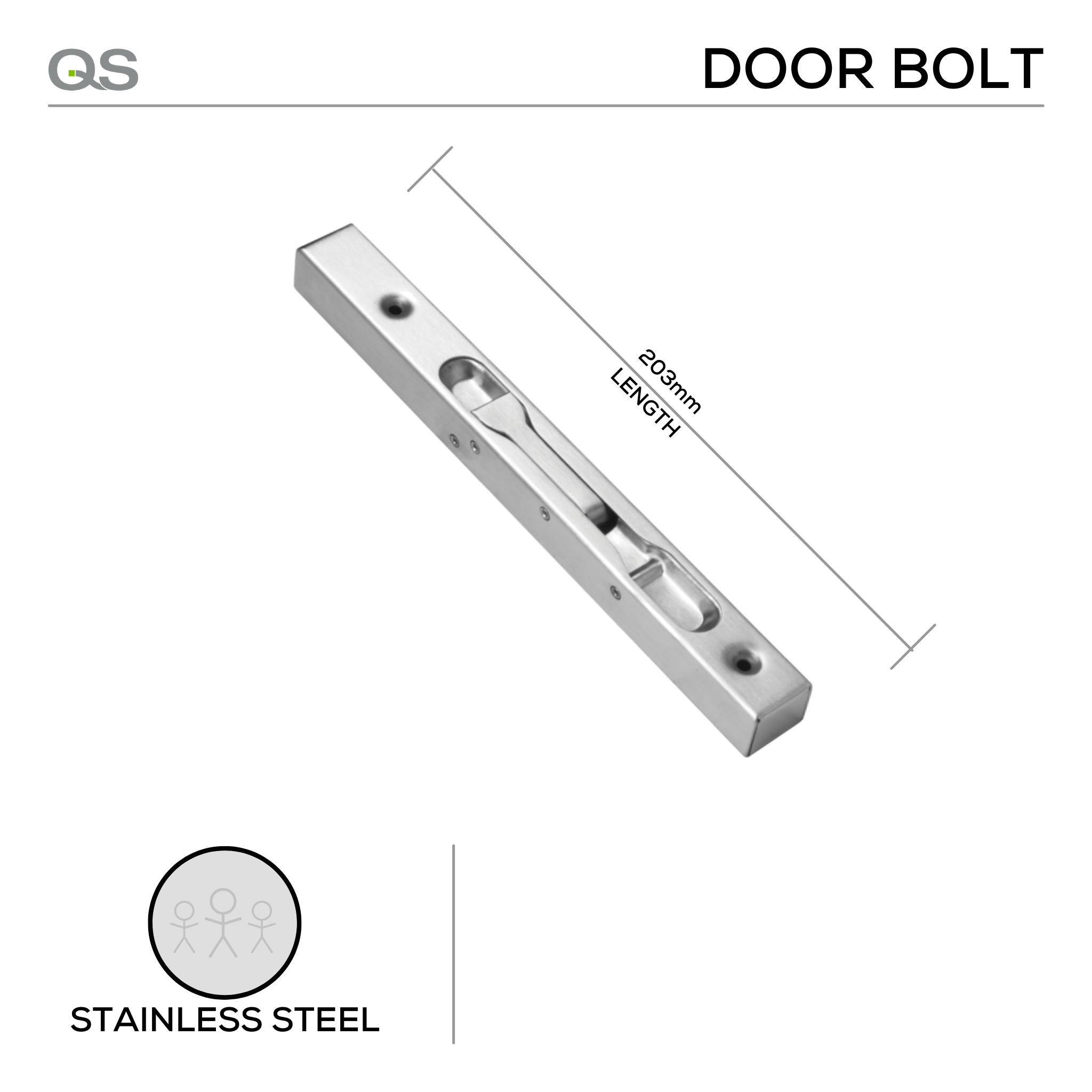 QS4451/1 203, Door Bolt, 203mm (l), Stainless Steel, QS