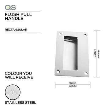 Main product view of QS Stainless Steel Pull Handle, made for doors with clean stainless confidence, 128mm (l) x 82mm (w).