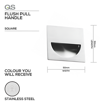 Main product view showing QS Stainless Steel Pull Handle — strong stainless style for doors, 50mm (l) x 50mm (w).