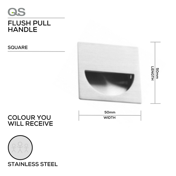 Main product view showing QS Stainless Steel Pull Handle — strong stainless style for doors, 50mm (l) x 50mm (w).