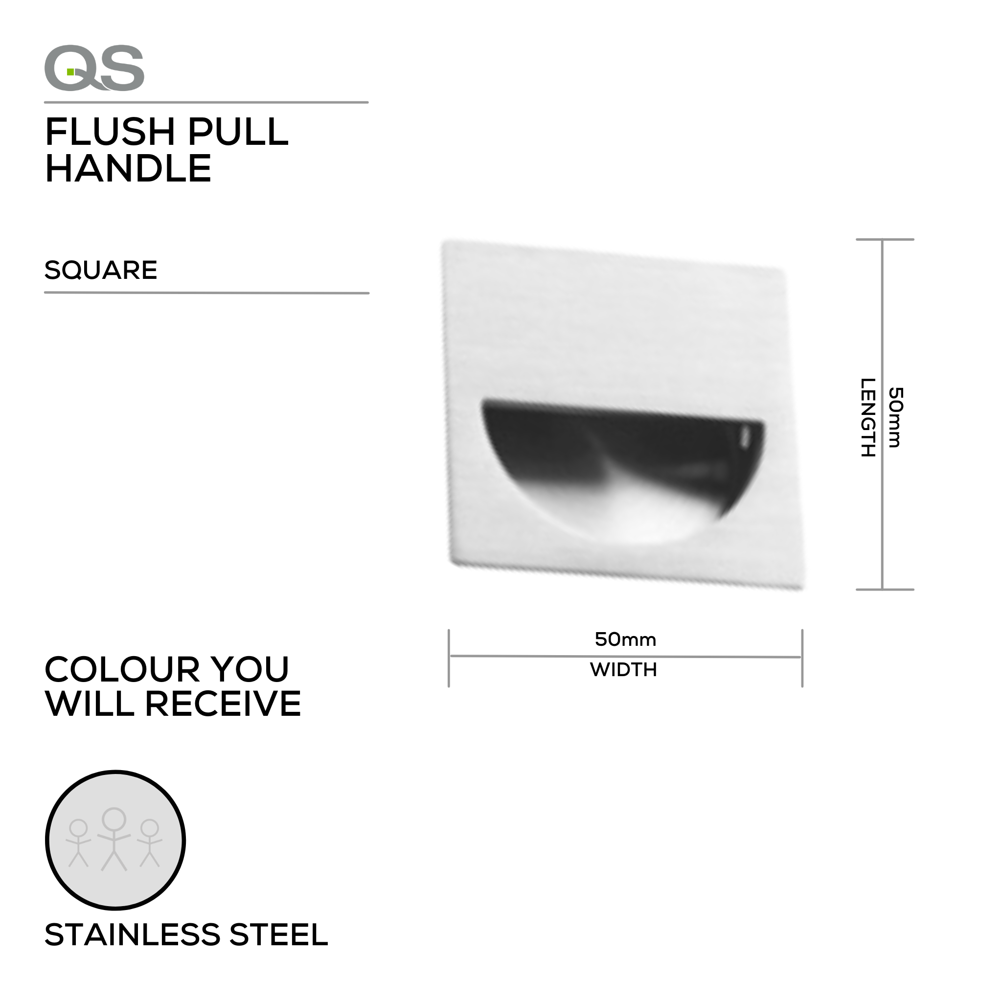 QS4455/1, Flush Pull, Square, 50mm (l) x 50mm (w), Stainless Steel, QS