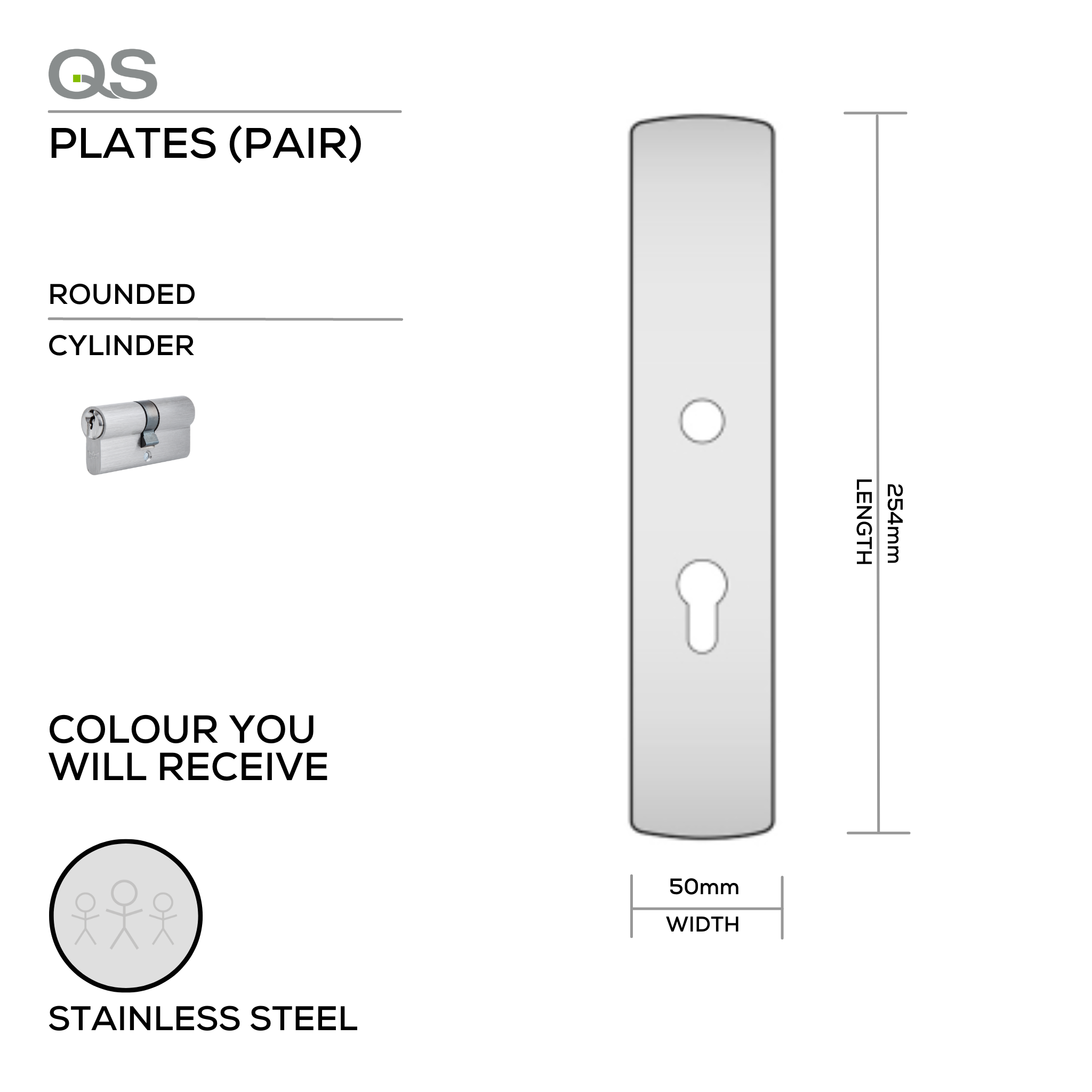 QS4482 CYL, Plate, Cylinder, Rounded, 65 or 85mm Centres, 254mm (l) x 50mm (w), Supplied without QS Handle, Stainless Steel, QS