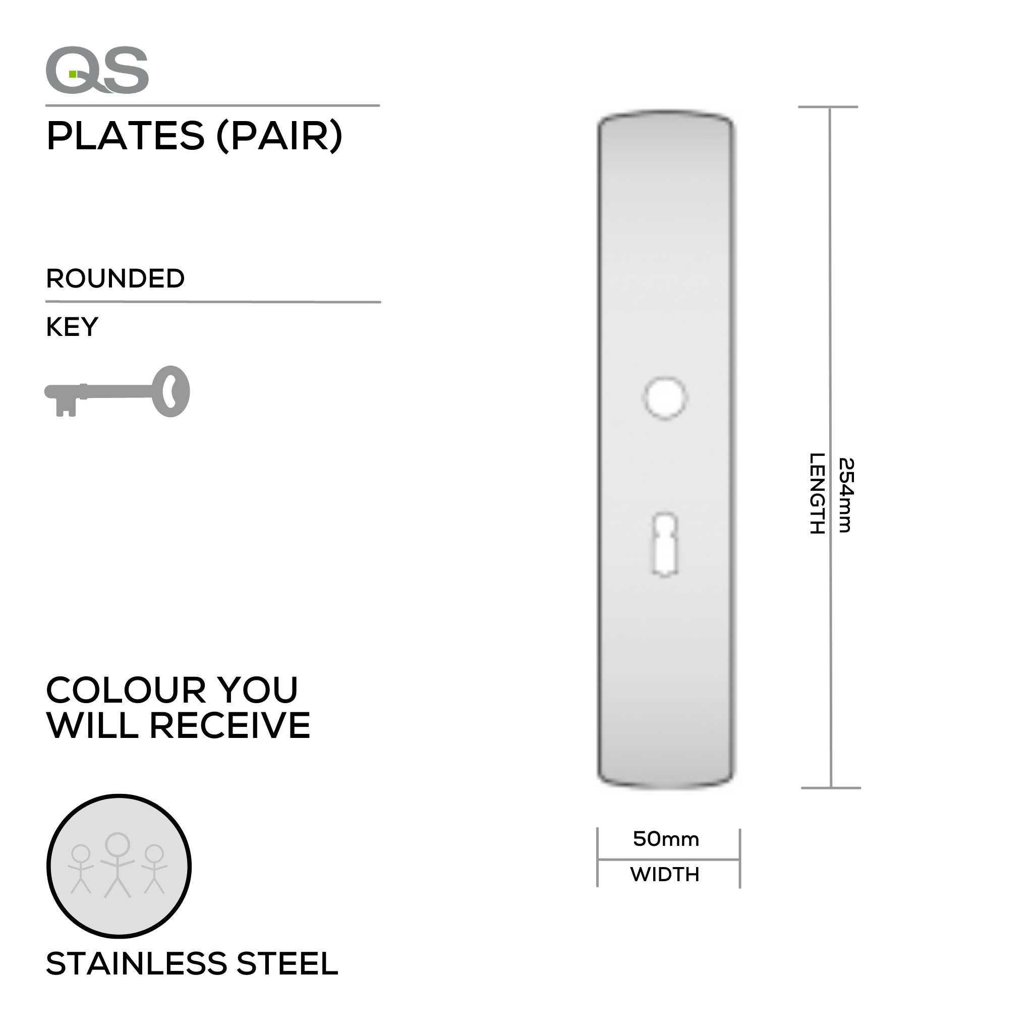 QS4482 KH, Plate, Keyhole, Rounded, 65mm Centres, 254mm (l) x 50mm (w), Supplied without QS Handle, Stainless Steel, QS