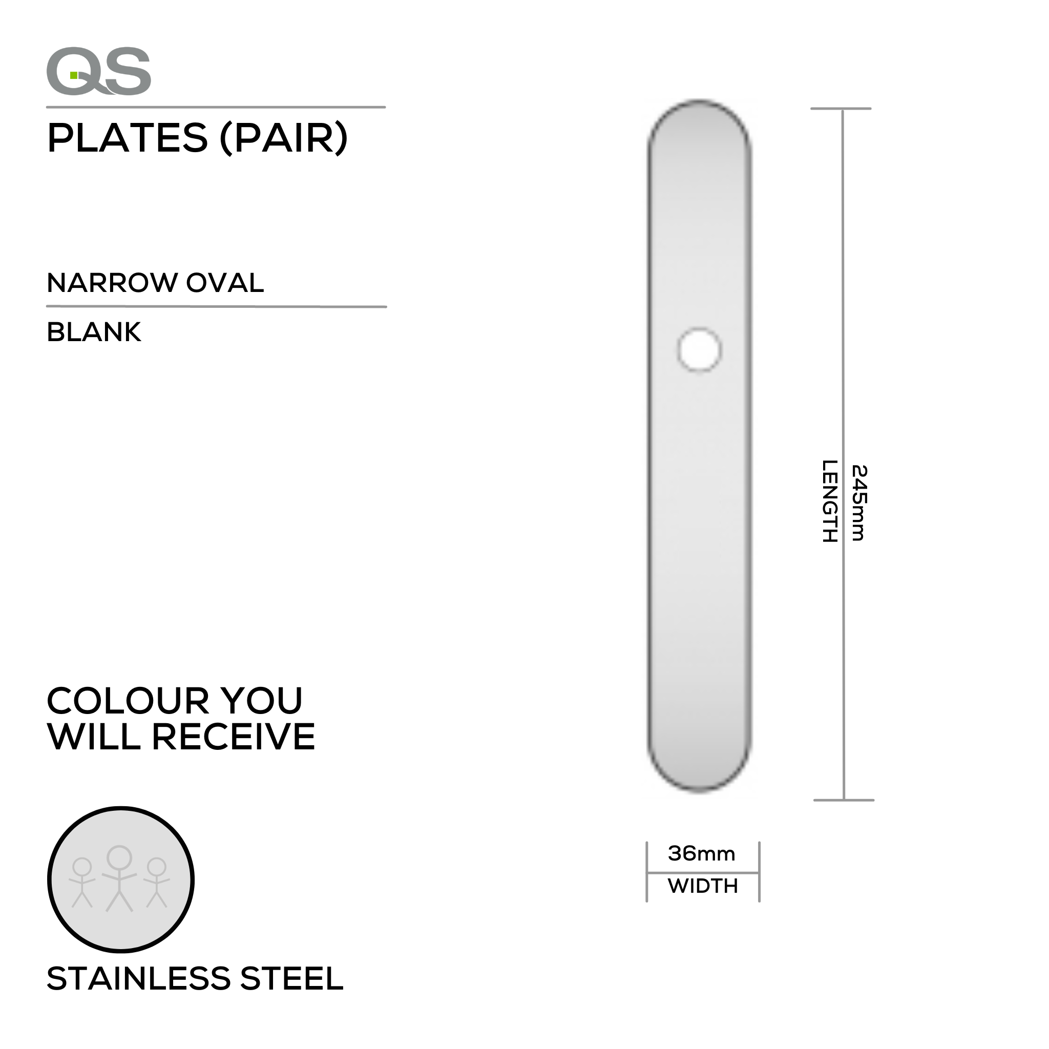 QS4483 BLANK, Plate, Narrow Oval, 245mm (l) x 36mm (w), Supplied without QS Handle, Stainless Steel, QS