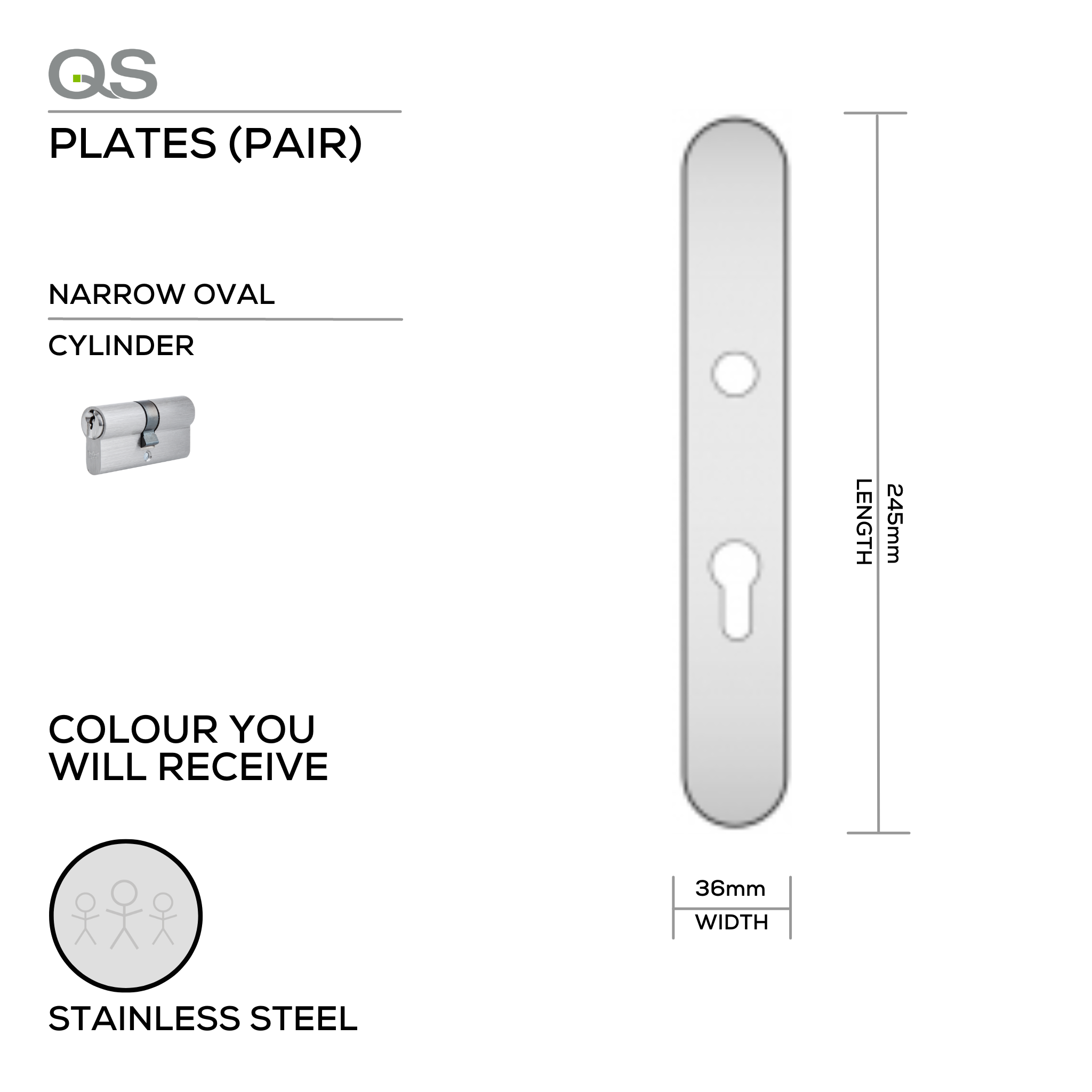 QS4483 CYL, Plate, Cylinder, Narrow Oval, 65 or 85mm Centres, 245mm (l) x 36mm (w), Supplied without QS Handle, Stainless Steel, QS