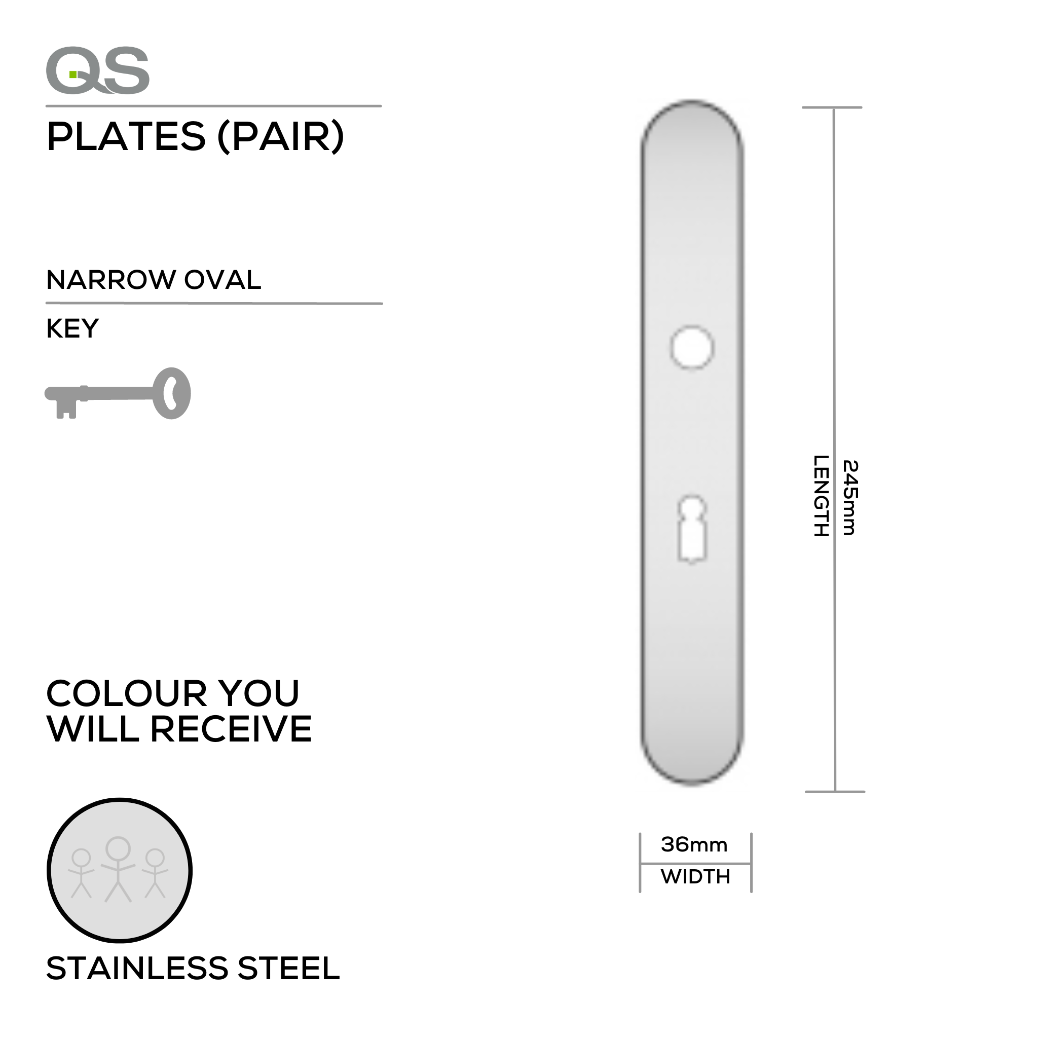 QS4483 KH, Plate, Narrow Oval, 245mm (l) x 36mm (w), Supplied with QS Handle, Stainless Steel, QS
