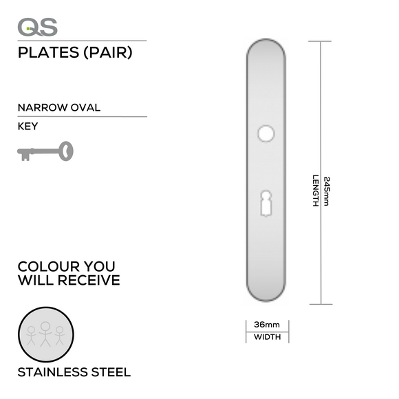 QS4483 KH, Plate, Narrow Oval, 245mm (l) x 36mm (w), Supplied with QS Handle, Stainless Steel, QS