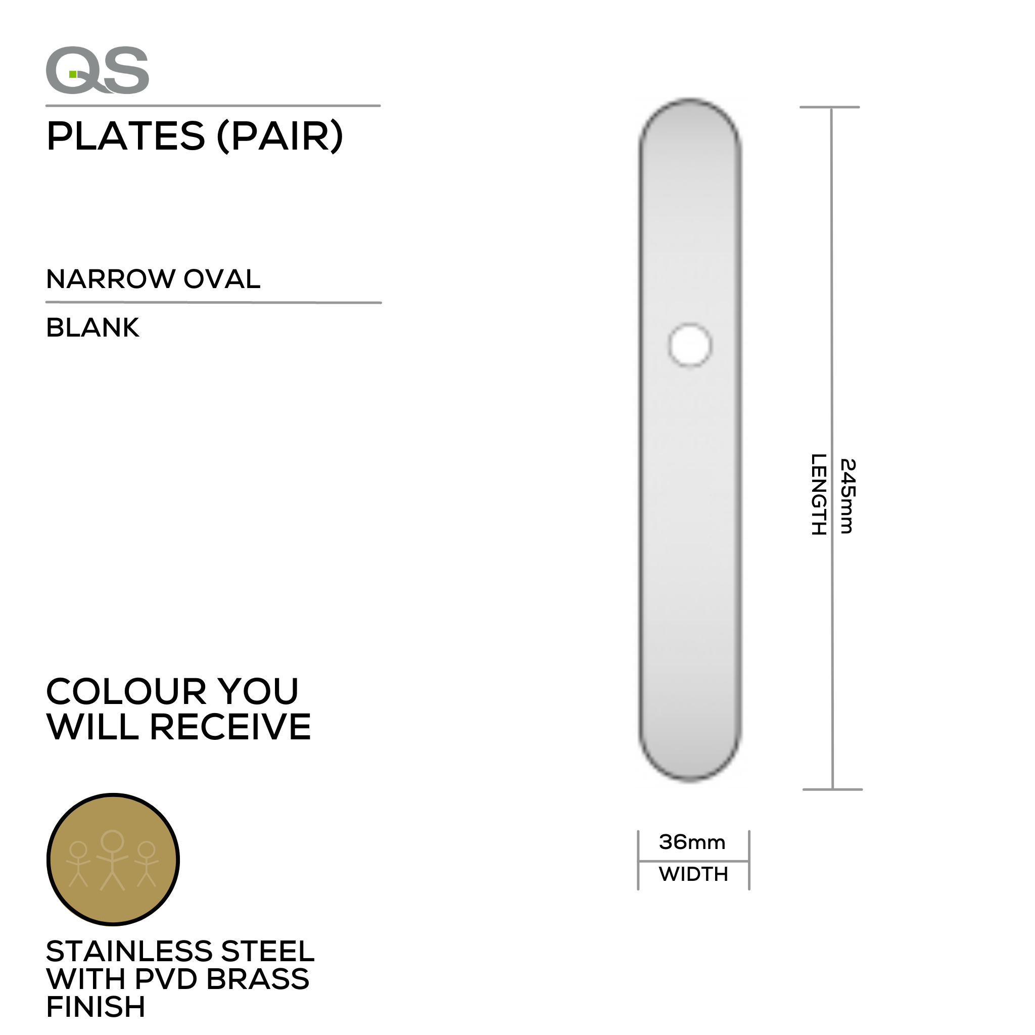 QS4483 PVD BLANK, Plate, Blank, Narrow Oval, Supplied with QS Handle, PVD Brass, QS