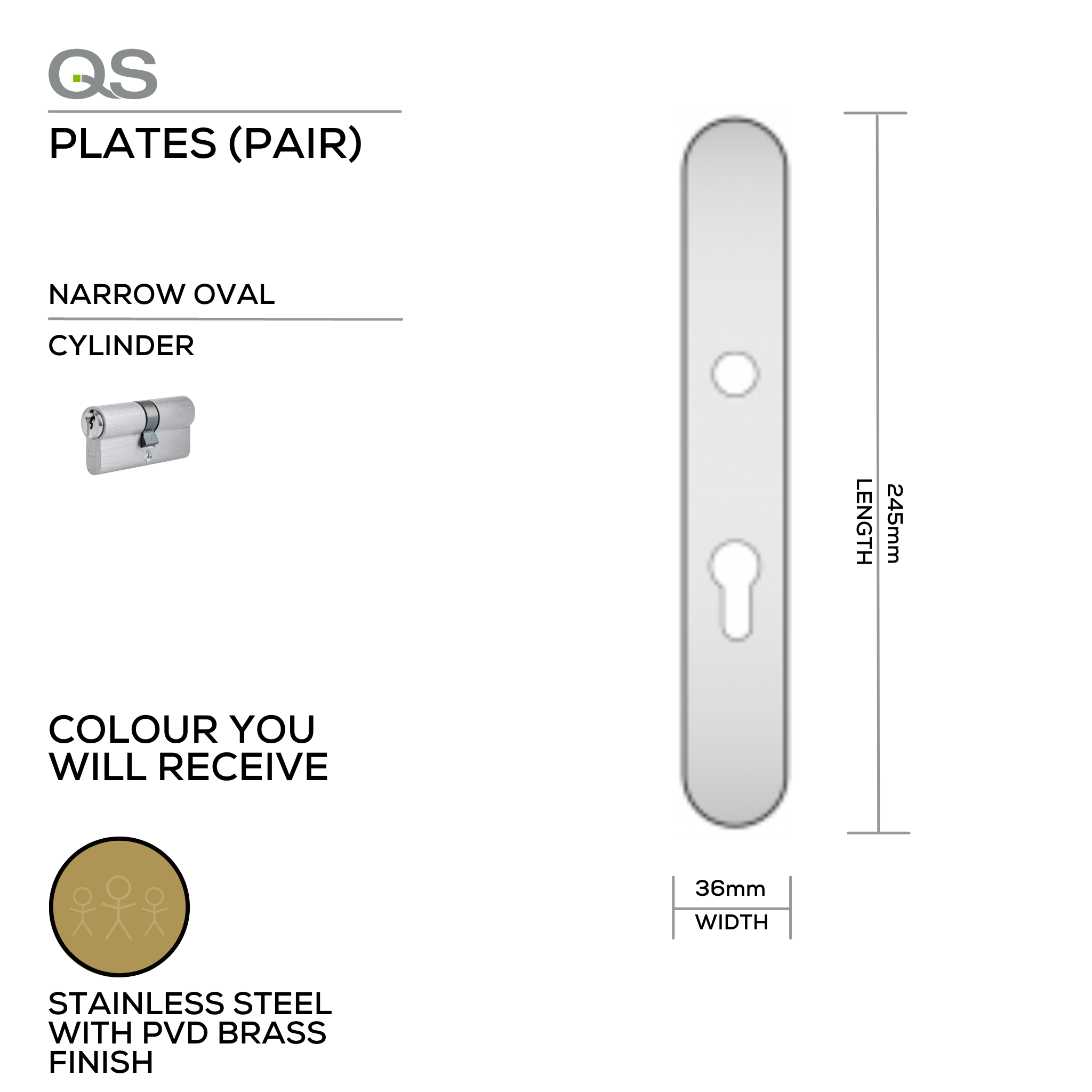 QS4483 PVD CYL, Plate, Cylinder, Narrow Oval, Supplied with QS Handle, PVD Brass, QS