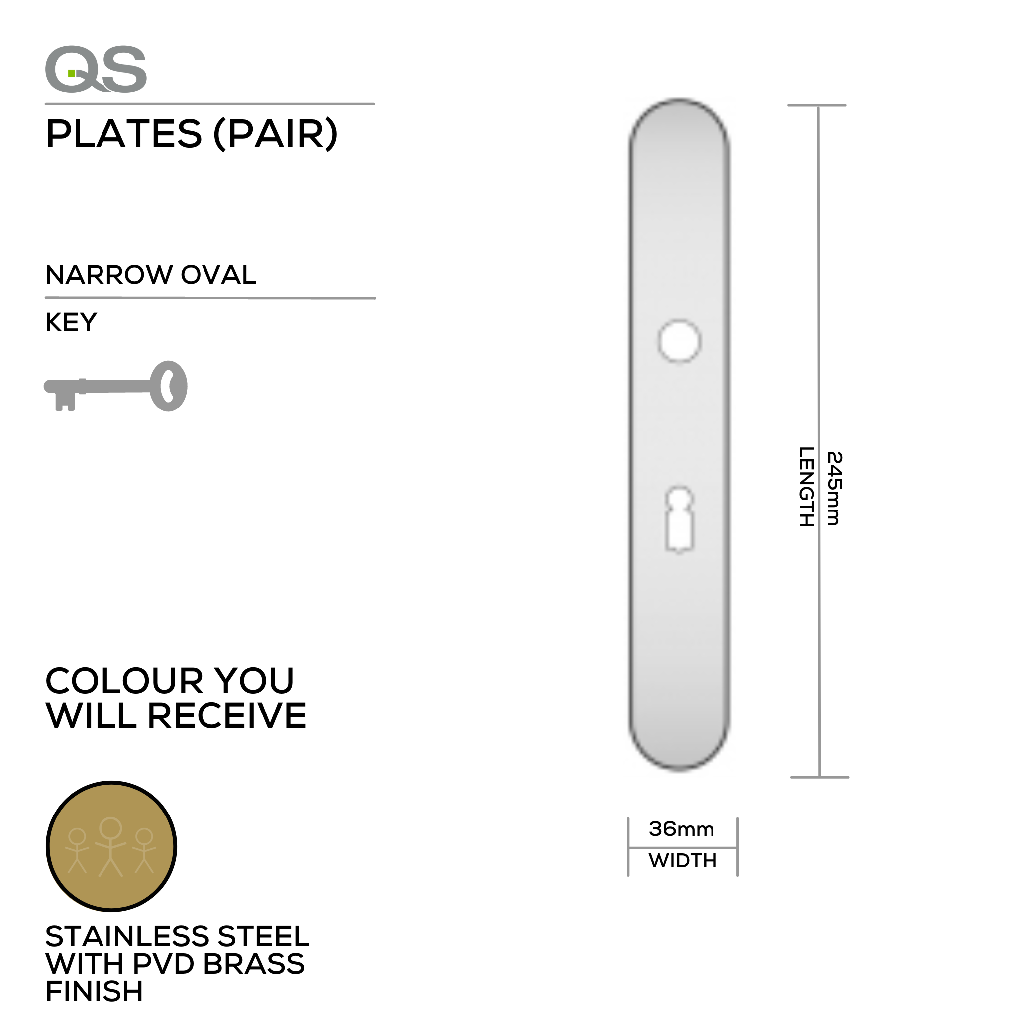 QS4483 PVD KH, Plate, Keyhole, Narrow Oval, 65mm Centres, 245mm (l) x 36mm (w), Supplied without QS Handle, PVD Brass, QS