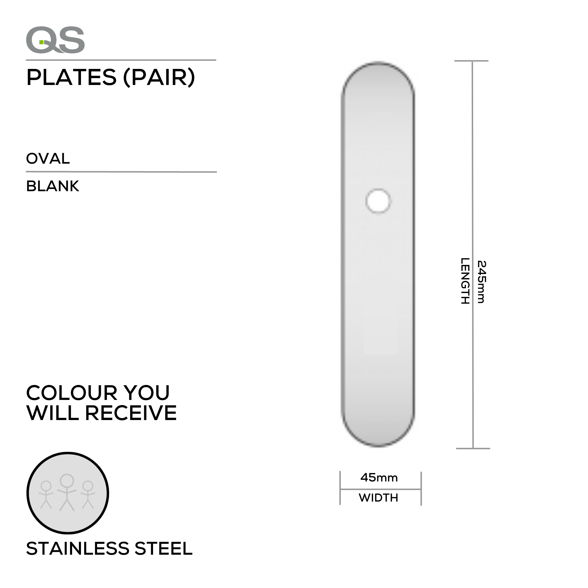 QS4484 BLANK, Plate, Oval, 245mm (l) x 50mm (w), Supplied with QS Handle, Stainless Steel, QS