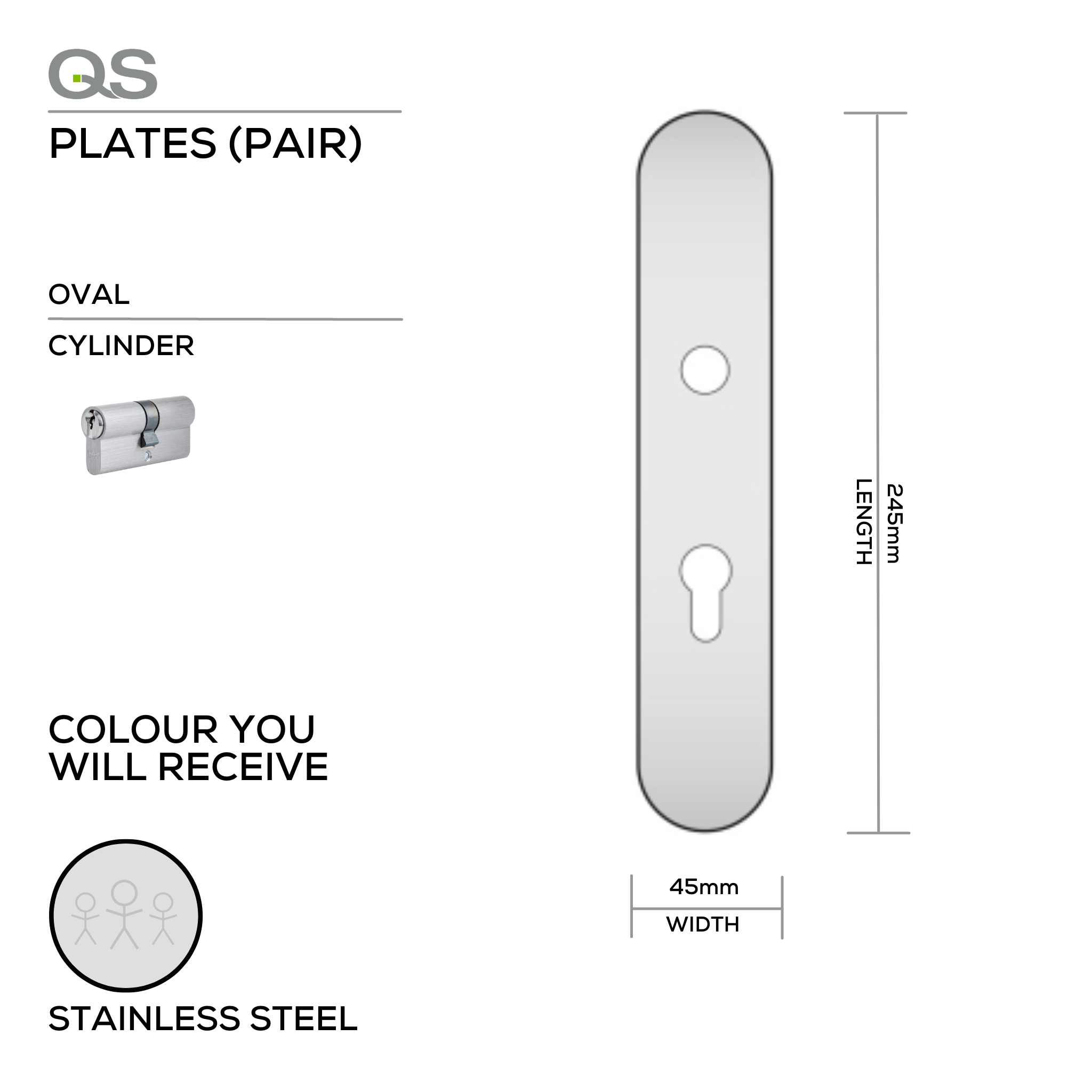 QS4484 CYL, Plate, Cylinder, Oval, 65 or 85mm Centres, 245mm (l) x 45mm (w), Supplied without QS Handle, Stainless Steel, QS