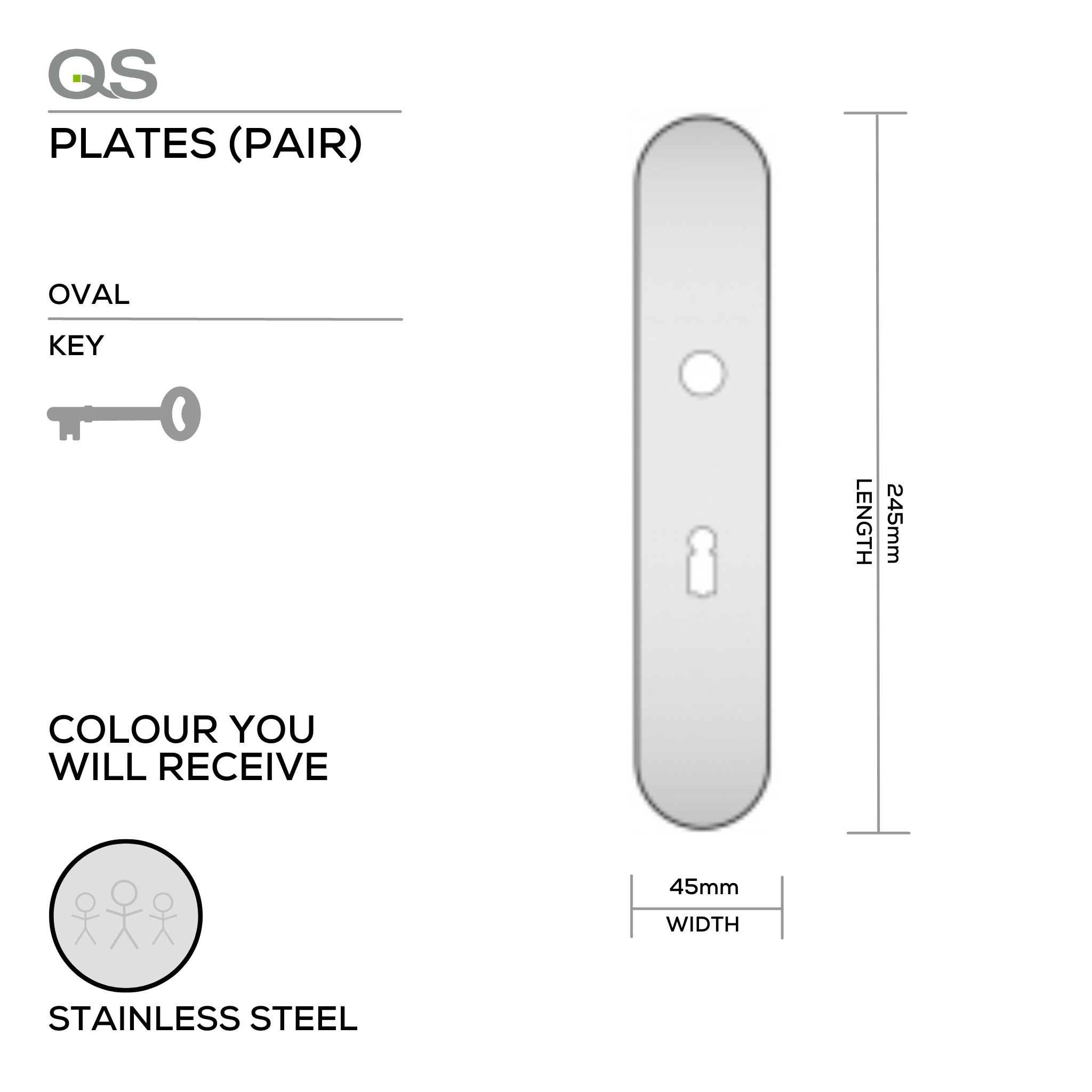 QS4484 KH, Plate, Keyhole, Oval, 65mm Centres, 245mm (l) x 45mm (w), Supplied without QS Handle, Stainless Steel, QS