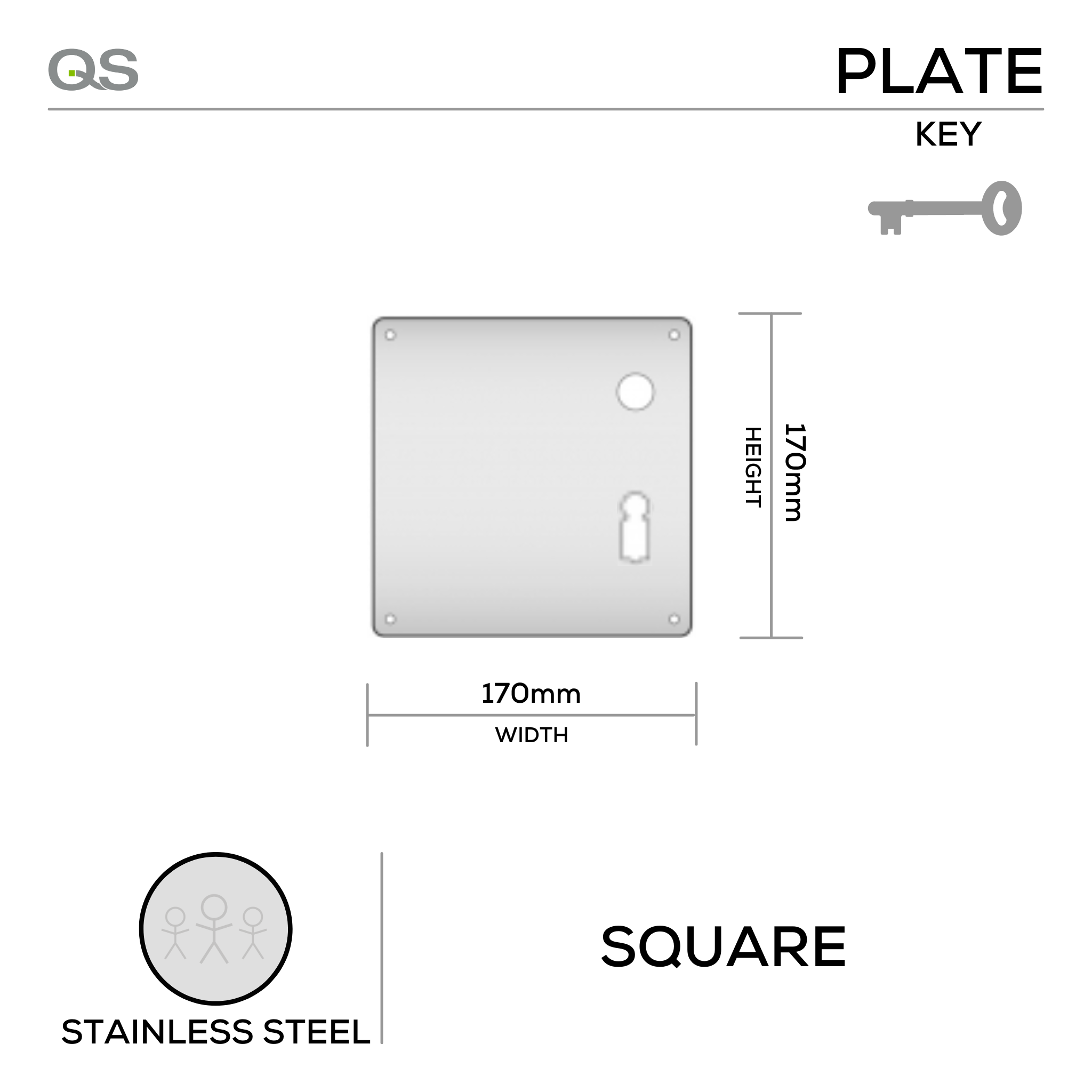 QS4485 KH, Plate, Keyhole, Square, 65mm Centres, 170mm (l) x 170mm (w), Supplied without QS Handle, Stainless Steel, QS