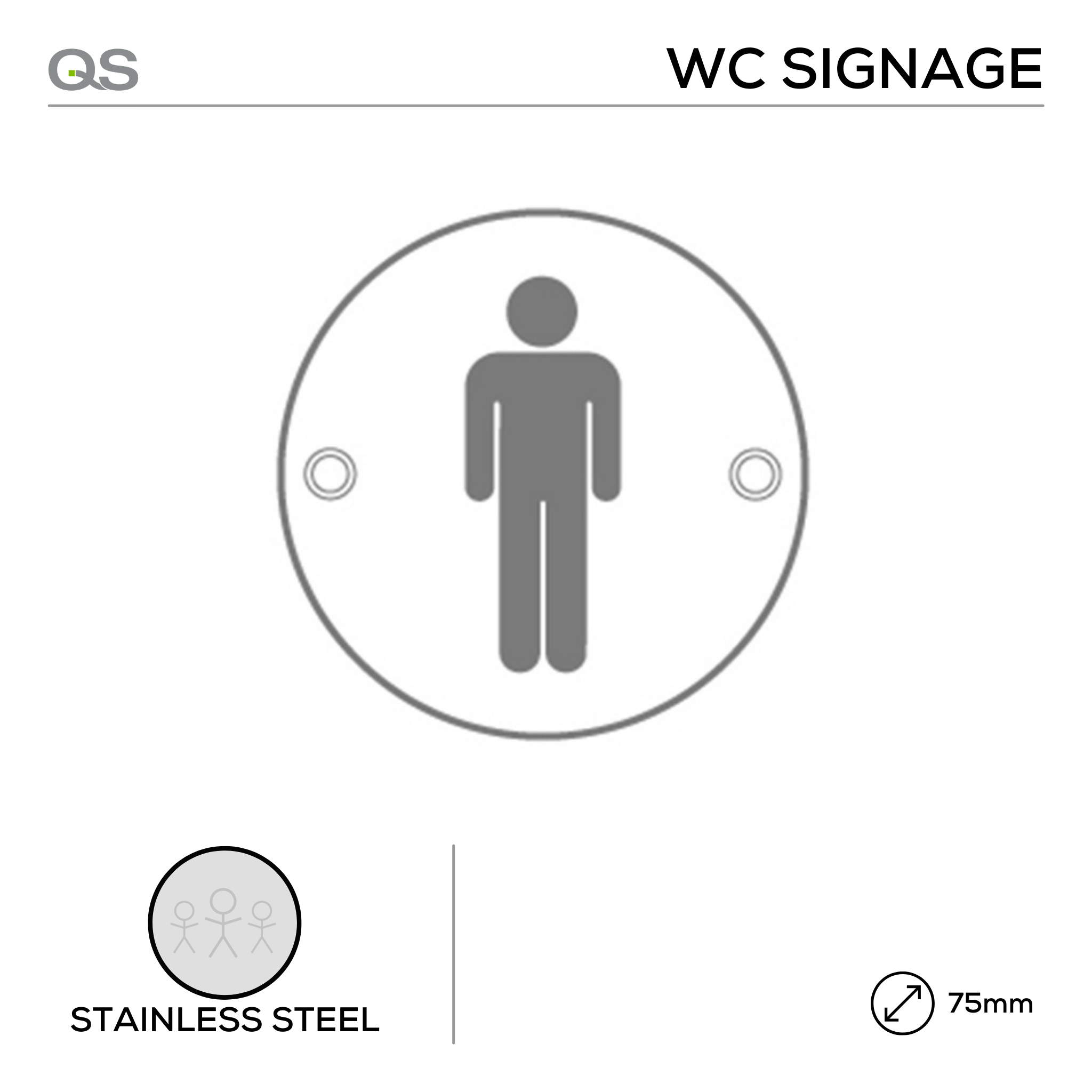 QS4501, Male, Round Engraved Sign, 75mm x 75mm, Stainless Steel, QS