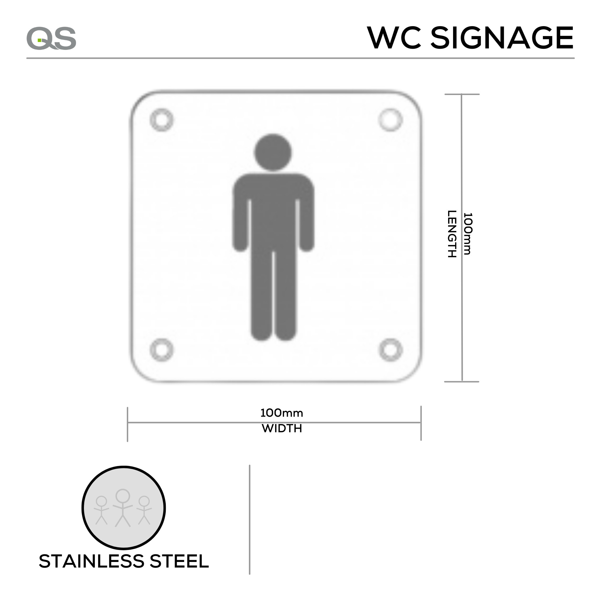 Male, Square Engraved Sign, 100mm x 100mm, Stainless Steel, QS