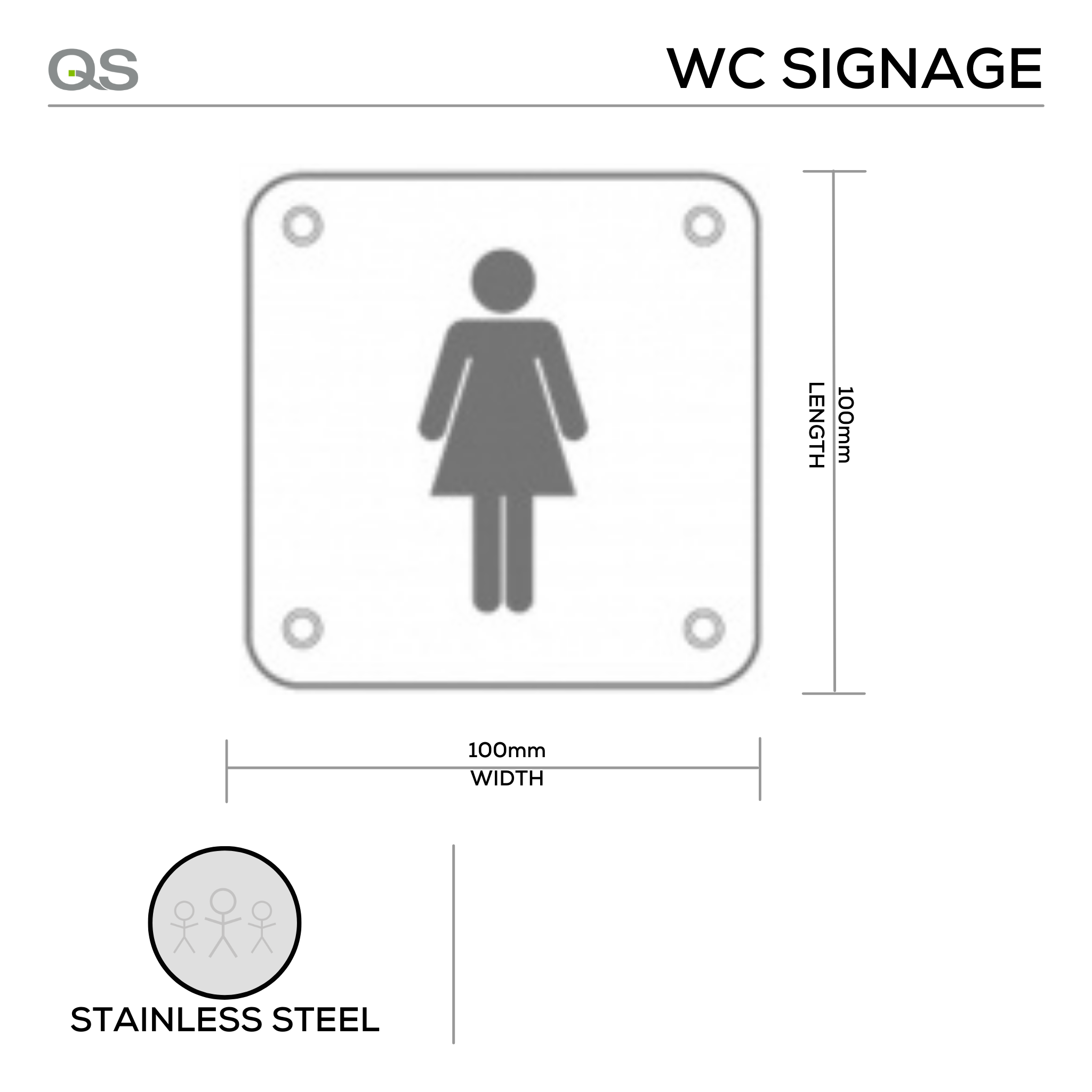 Female, Square Engraved Sign, 100mm x 100mm, Stainless Steel, QS