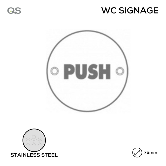 Push, Round Engraved Sign, 75mm, Stainless Steel, QS