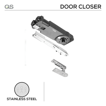 Main product view of QS Silver Door Closer, made for Heavy Duty with solid gear with a sharp finish.