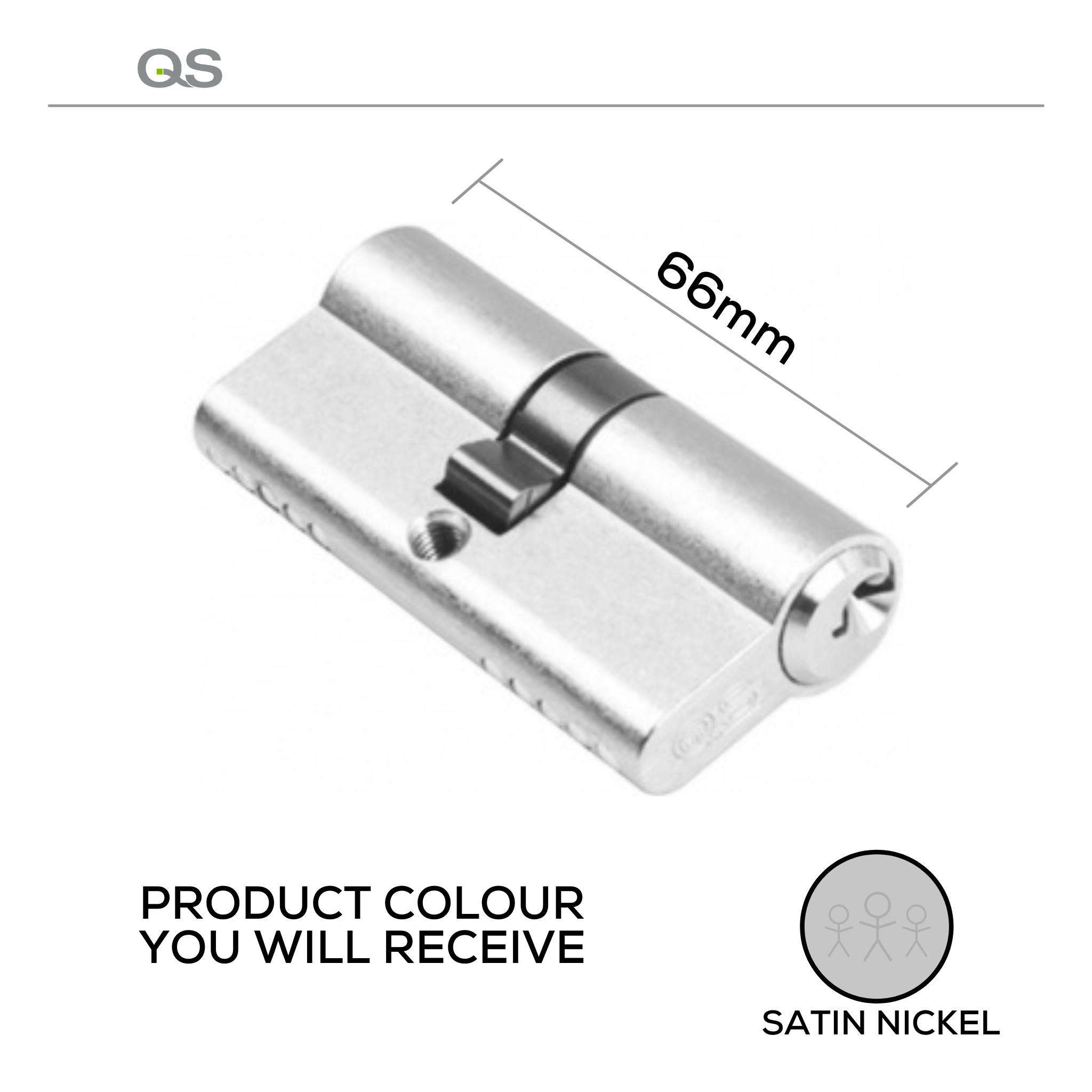QS1104SN, 66mm - 33/33, Double Cylinder, Key to Key, Keyed to Differ (Standard), 3 Keys, 5 Pin, Satin Nickel, QS