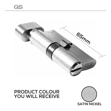 Main product view showing QS Cylinder Lock — solid gear with a sharp finish for doors, 65mm.