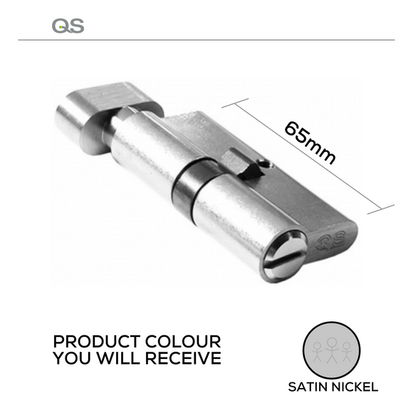 QS1108SN EM, 65mm - 32.5/32.5, Double Cylinder, Thumbturn to Coin, Keyed to Differ (Standard), 3 Keys, 5 Pin, Satin Nickel, QS