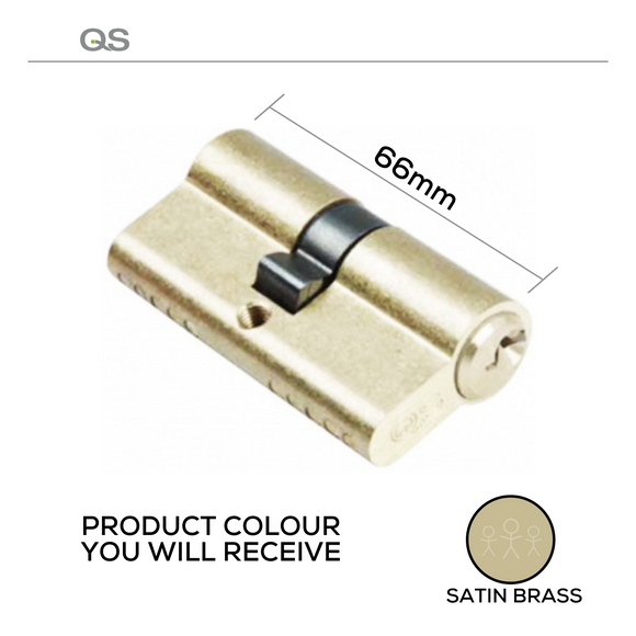QS1104SB, 66mm - 33/33, Double Cylinder, Key to Key, Keyed to Differ (Standard), 3 Keys, 5 Pin, Satin Brass, QS