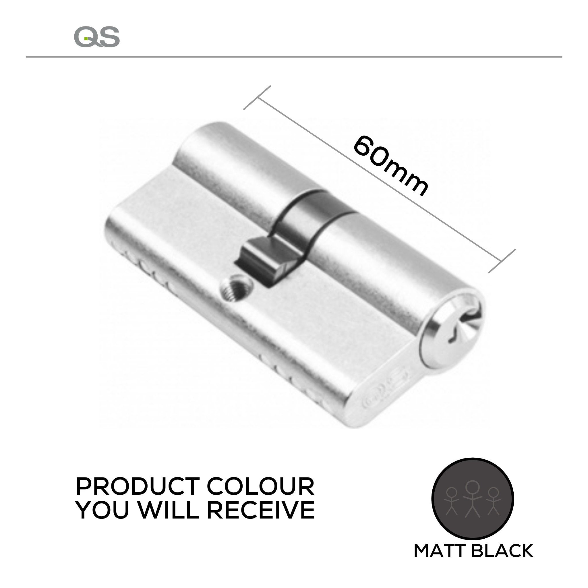 QS1103/Black, 60mm - 30/30, Double Cylinder, Key to Key, Keyed to Differ (Standard), 3 Keys, 5 Pin, Matt Black, QS