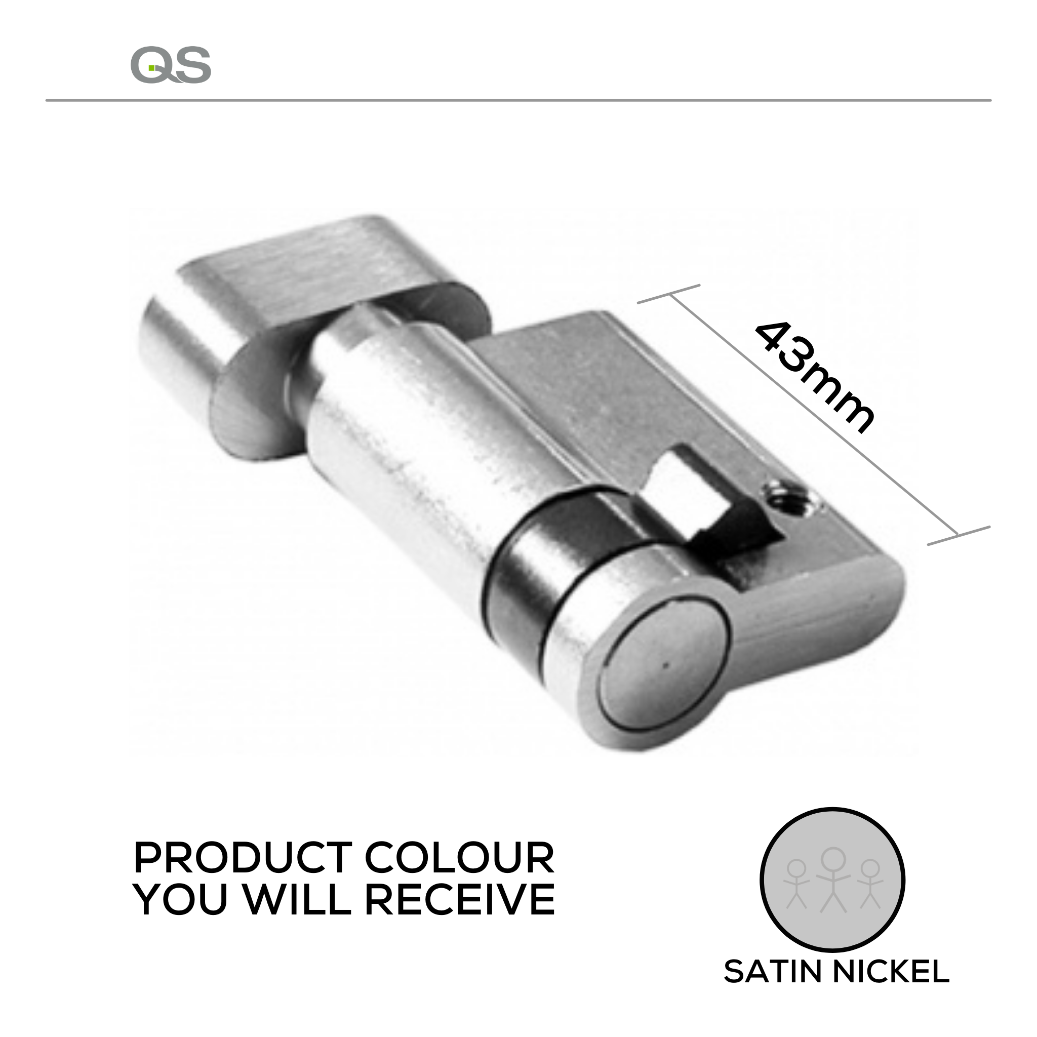 QS1108SN Single, 43mm - 21.5/21.5, Half (Single Cylinder), Thumbturn, Keyed to Differ (Standard), 3 Keys, 5 Pin, Satin Nickel, QS