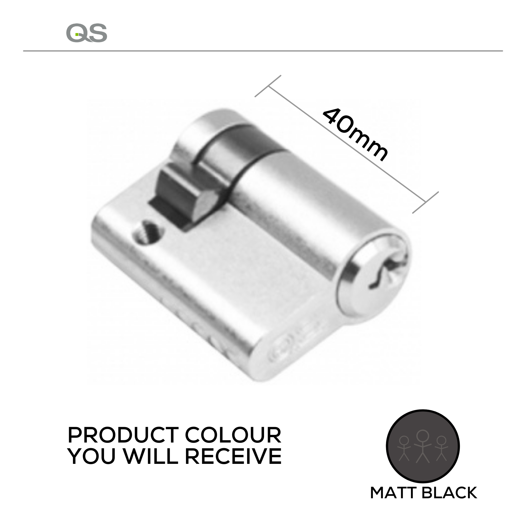 QS1102/Black, 40mm - 30/10, Half (Single Cylinder), Key, Keyed to Differ (Standard), 3 Keys, 5 Pin, Matt Black, QS