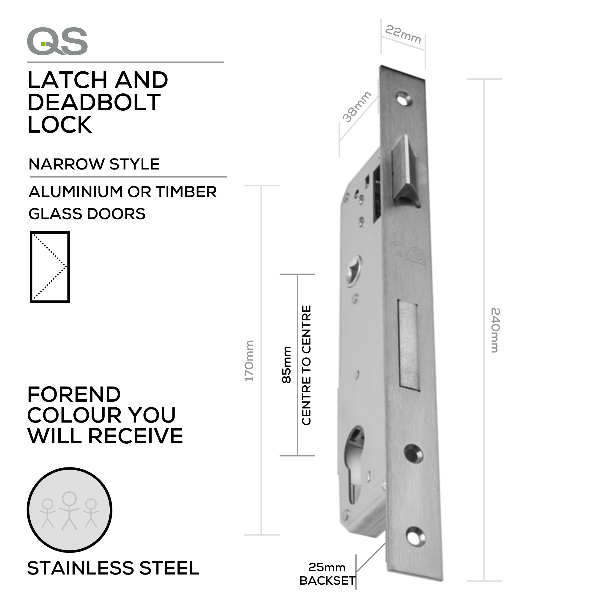 QS8525/1SS, Narrow Style, Latch & Deadbolt Lock, Euro Cylinder, Excluding Cylinder, 25mm (Backset), 85mm (ctc), Stainless Steel, QS