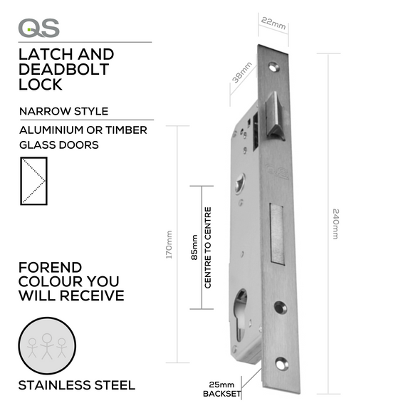QS8525/1SS, Narrow Style, Latch & Deadbolt Lock, Euro Cylinder, Excluding Cylinder, 25mm (Backset), 85mm (ctc), Stainless Steel, QS