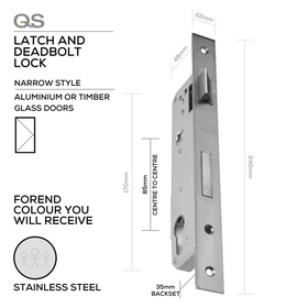 QS8535/1SS, Narrow Style, Latch & Deadbolt Lock, Euro Cylinder, Excluding Cylinder, 35mm (Backset), 85mm (ctc), Stainless Steel, QS