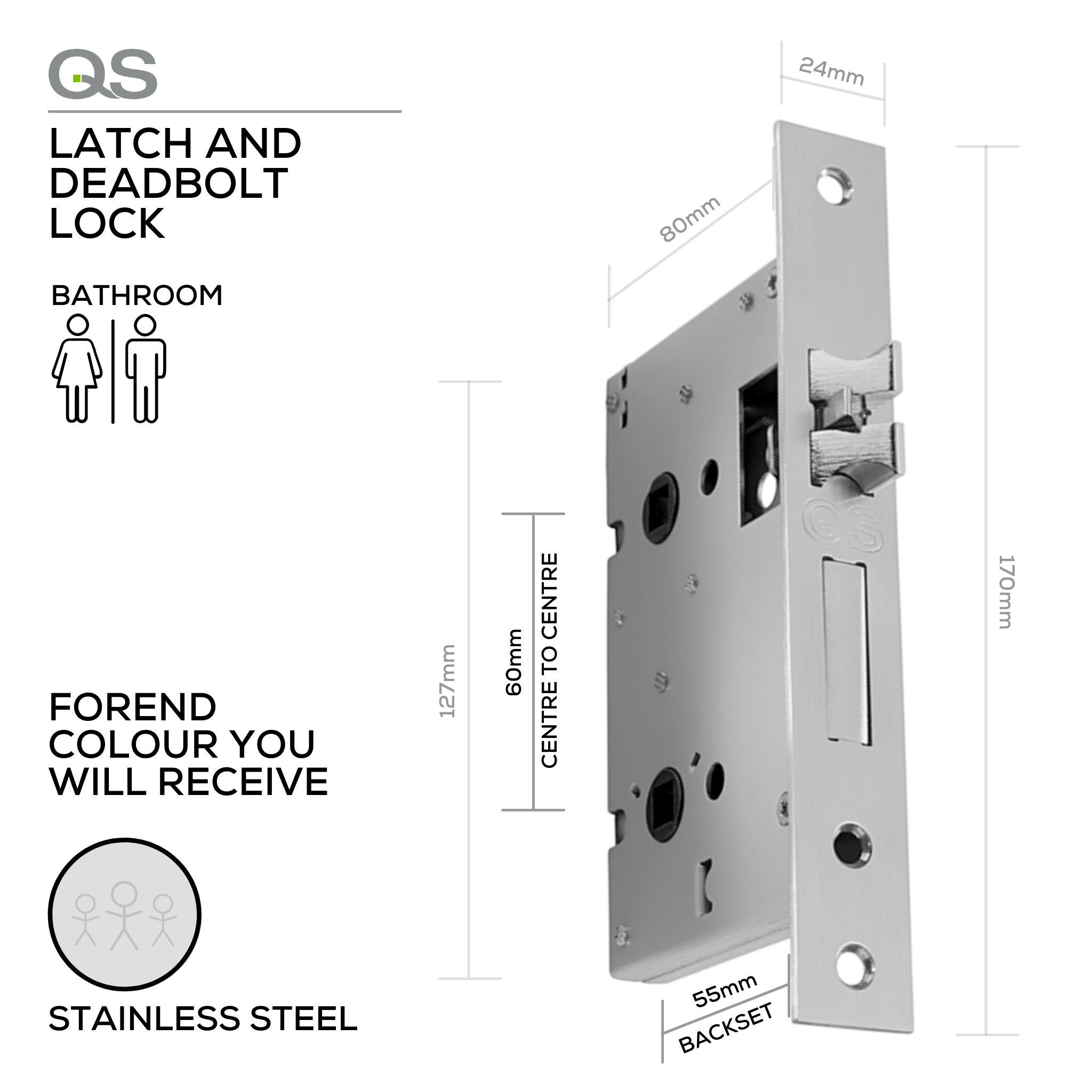 QS6055/5/SS, Bathroom, Latch Lock & Deadbolt Lock, WC Thumbturn Hardware, 55mm (Backset), 60mm (ctc), Stainless Steel, QS