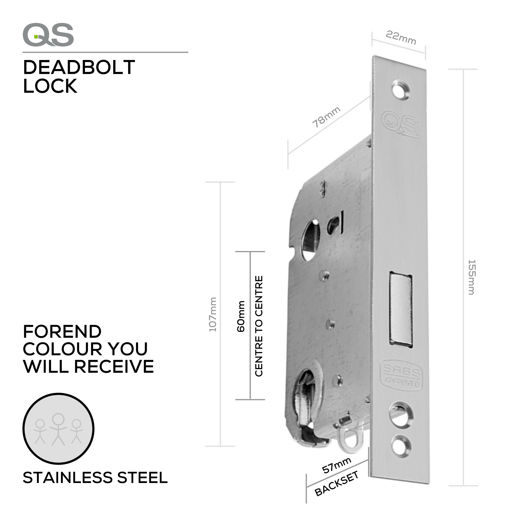 QS6057J/4, Deadbolt Lock, Euro Cylinder, Excluding Cylinder, 57mm (Backset), 60mm (ctc), Stainless Steel, QS