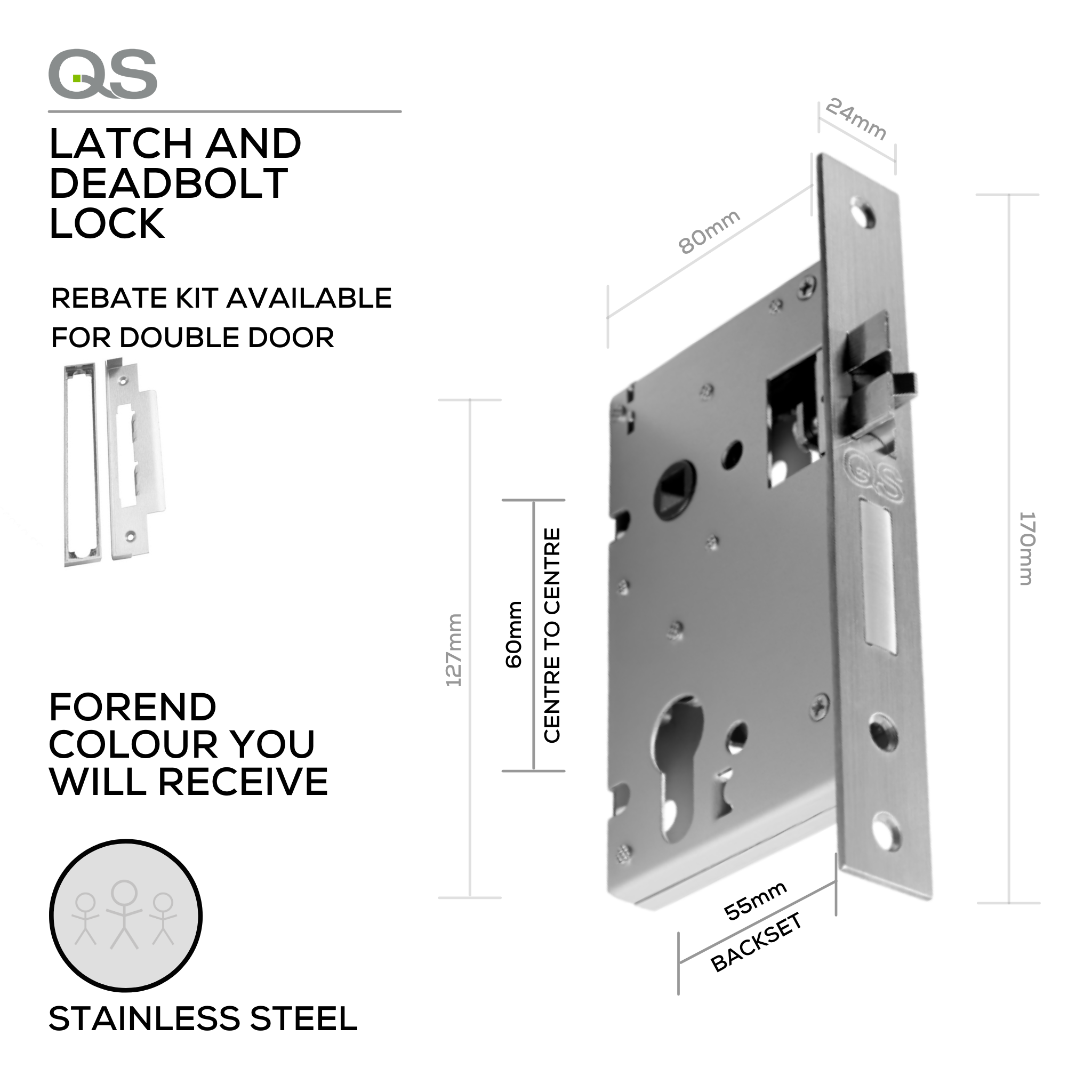 QS6055/1/SS, Latch & Deadbolt Lock, Euro Cylinder, Excluding Cylinder, 55mm (Backset), 60mm (ctc), Stainless Steel, QS