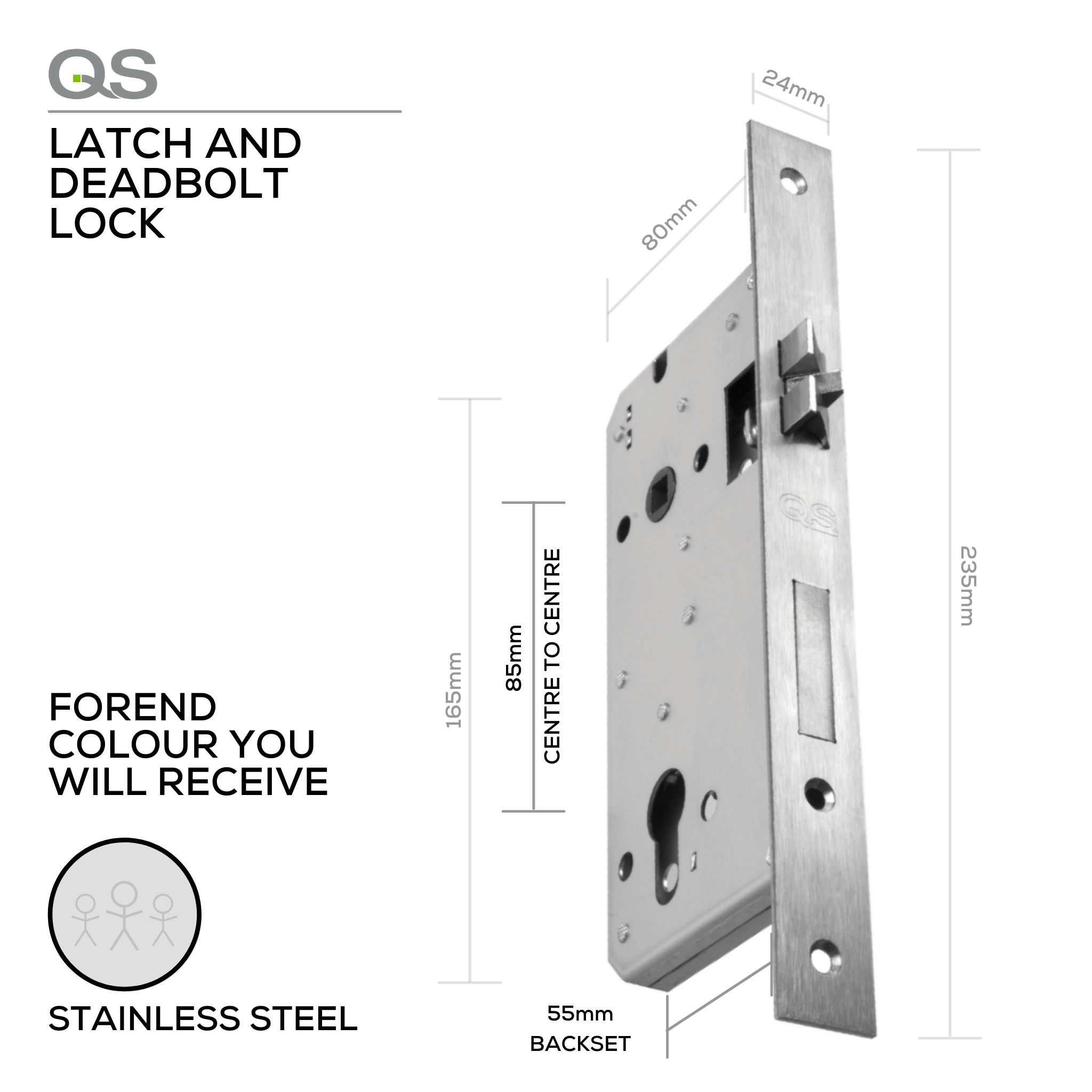 QS8555/SS, Latch & Deadbolt Lock, Euro Cylinder, Excluding Cylinder, 55mm (Backset), 85mm (ctc), Stainless Steel, QS