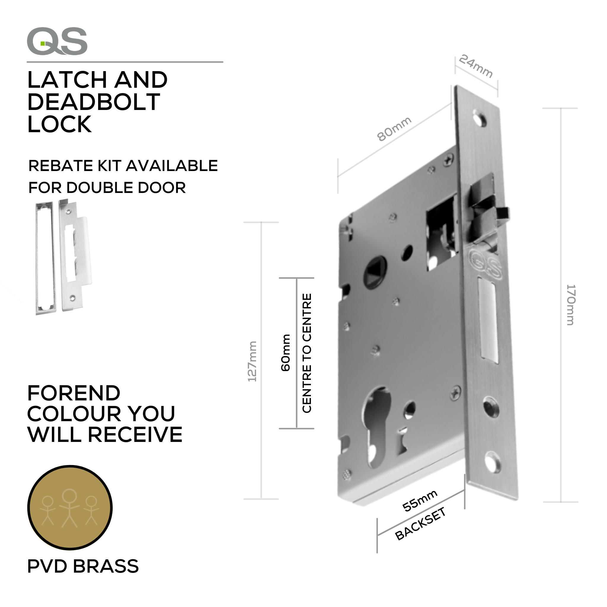 QS6055/1/PVD, Latch & Deadbolt Lock, Euro Cylinder, Excluding Cylinder, 55mm (Backset), 60mm (ctc), PVD Brass, QS