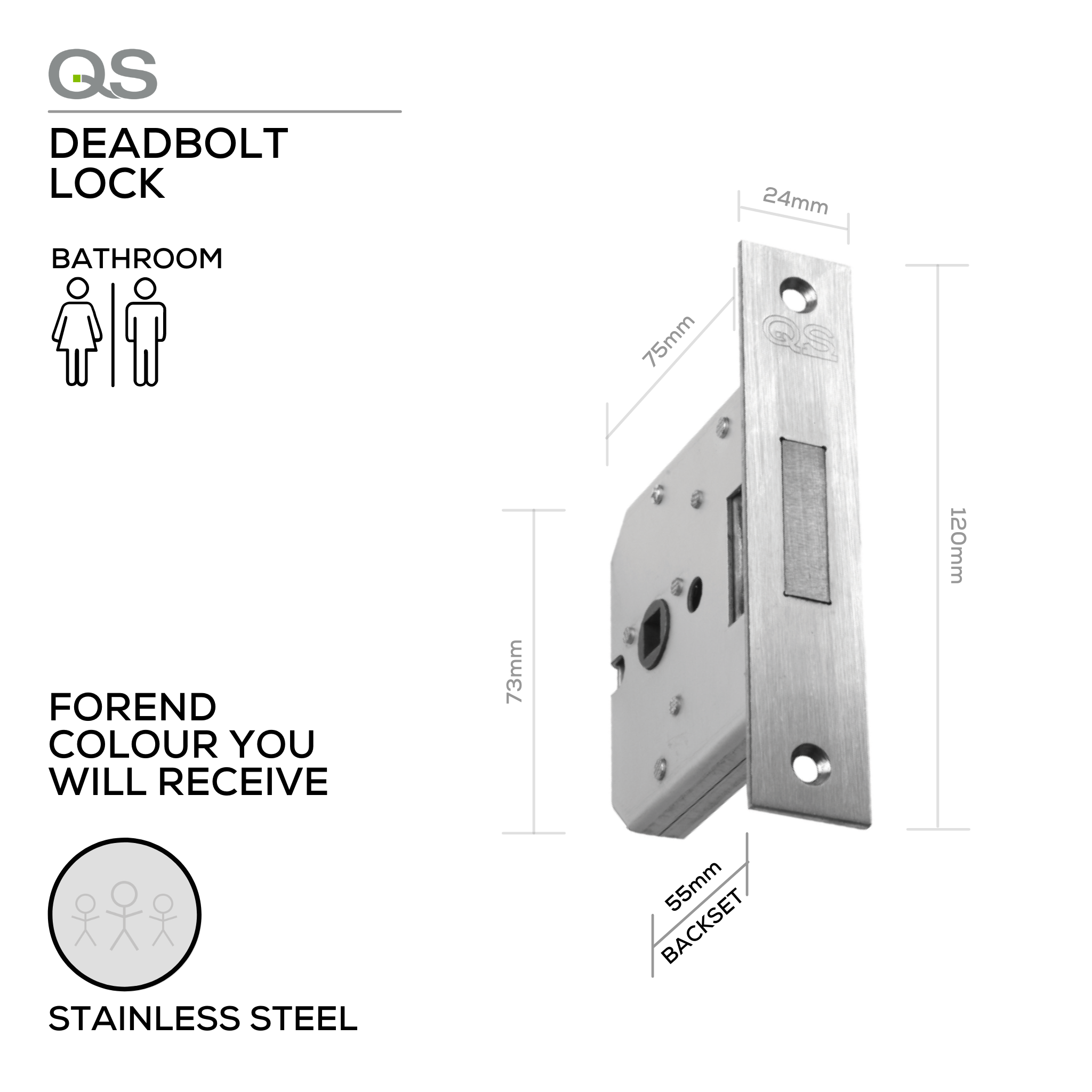 QS0055/5, Bathroom, Deadbolt Lock, WC Thumbturn Hardware, 55mm (Backset), Stainless Steel, QS