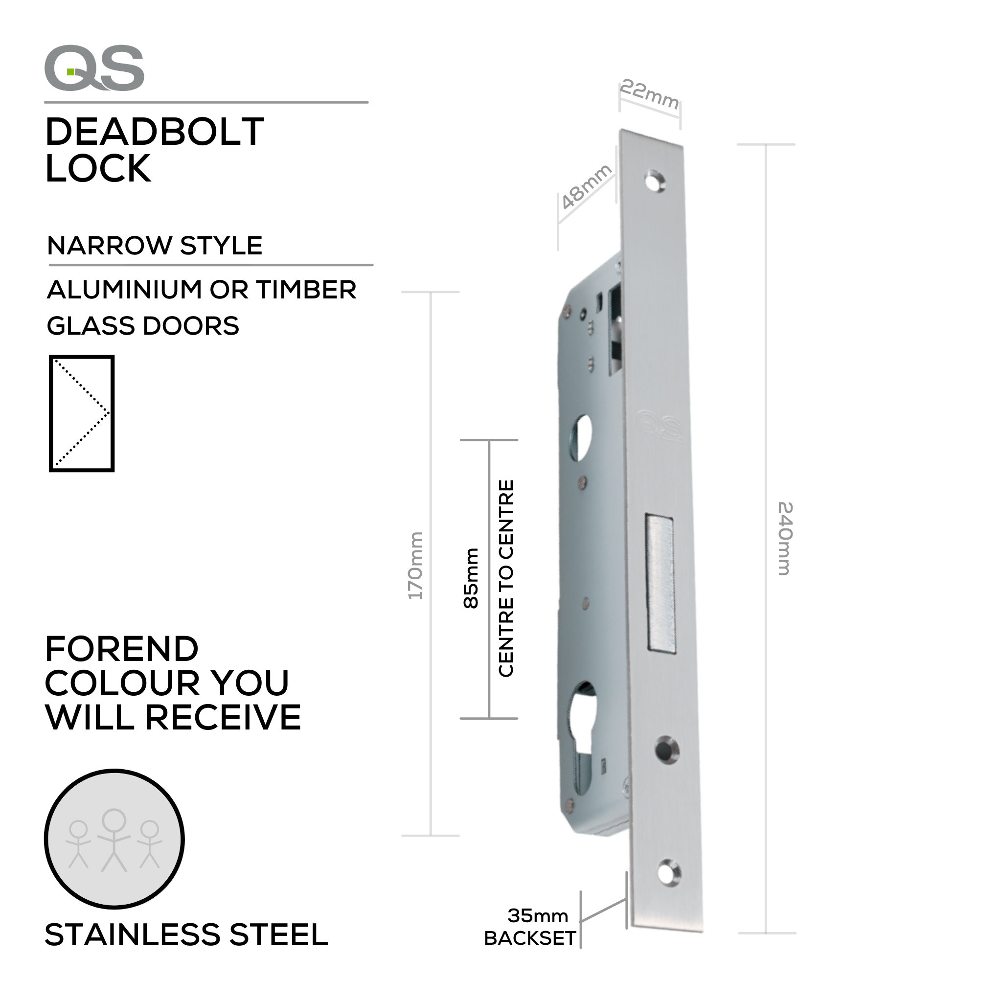 QS8535/4SS, Narrow Style, Deadbolt Lock, Euro Cylinder, Excluding Cylinder, 35mm (Backset), 85mm (ctc), Stainless Steel, QS
