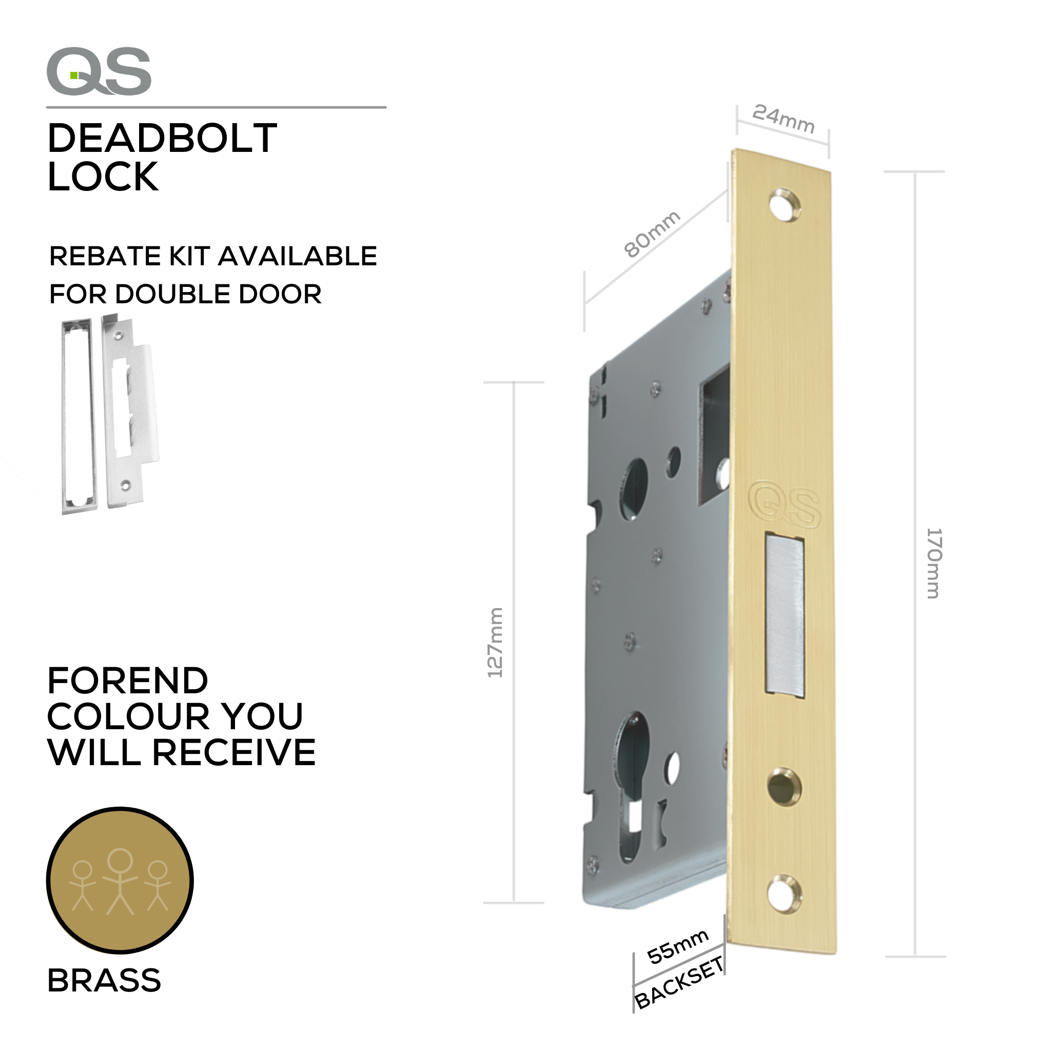 QS6055/4/PB, Deadbolt Lock, Euro Cylinder, Excluding Cylinder, 55mm (Backset), 60mm (ctc), Brass, QS