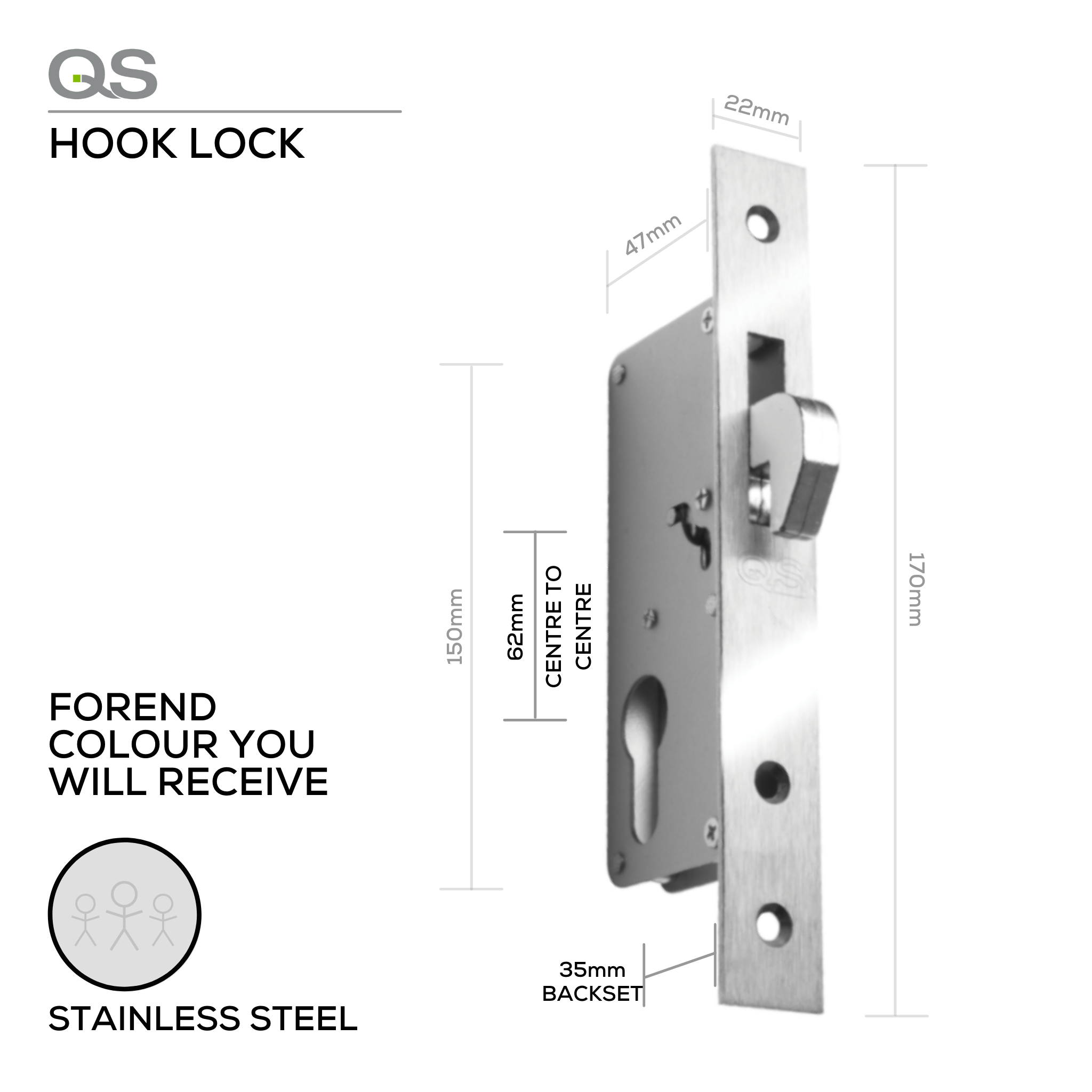 QS6235SS, Hook Lock, Euro Cylinder, Excluding Cylinder, 35mm (Backset), 62mm (ctc), Stainless Steel, QS