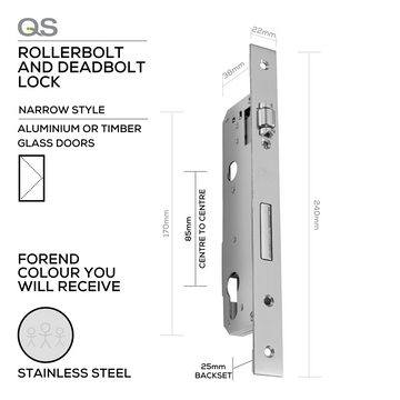 QS Stainless Steel Rollerbolt & Deadbolt Lock for doors, main product view with strong stainless style, 25mm (Backset).
