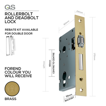 Main product view of QS Brass Rollerbolt & Deadbolt Lock, made for commercial security doors with solid brass style, 55mm (Backset).