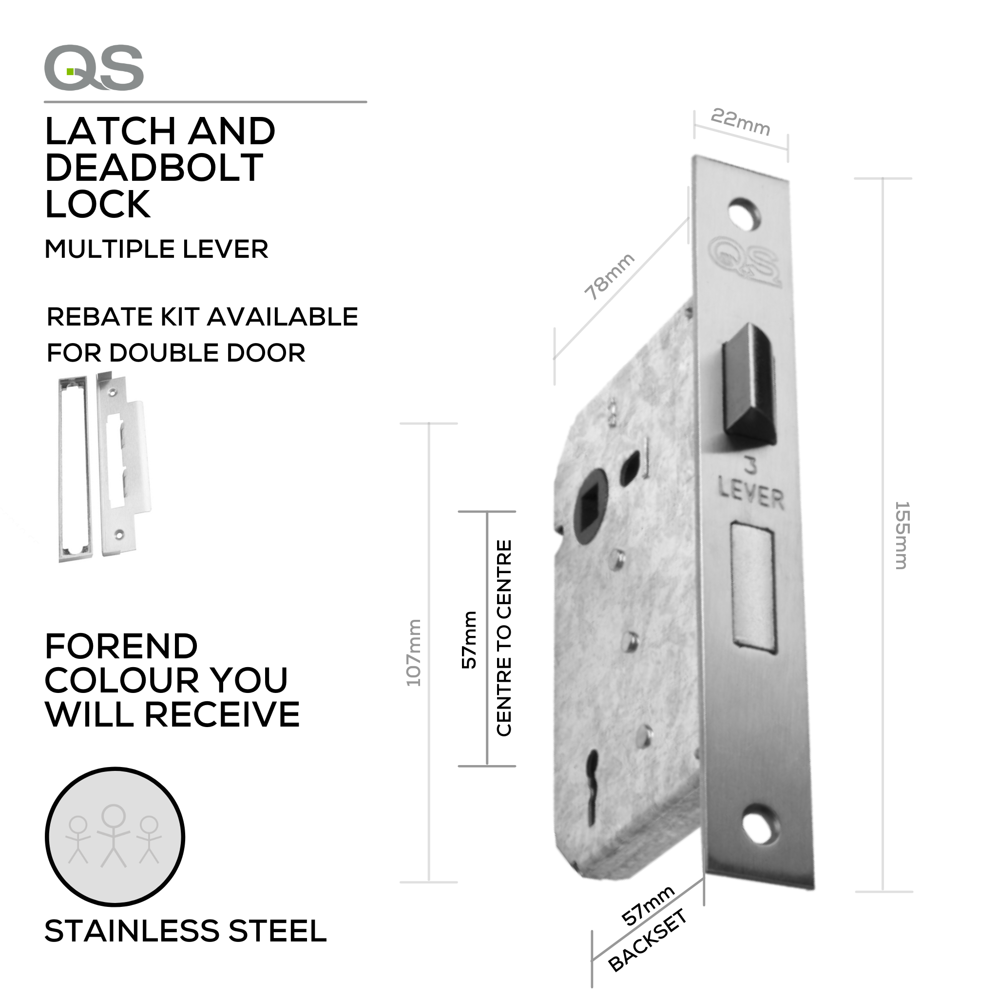 QS5757A, SABS approved, Multiple Lever, Latch & Deadbolt Lock, Lever (Key), 3 Lever Lock, 57mm (Backset), 57mm (ctc), SABS approved, Stainless Steel, QS