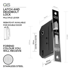 QS5757/W 2L, SABS approved, Multiple Lever, Latch & Deadbolt Lock, Lever (Key), 2 Lever Lock, 57mm (Backset), 57mm (ctc), With reversable Screw, SABS approved, Stainless Steel, QS