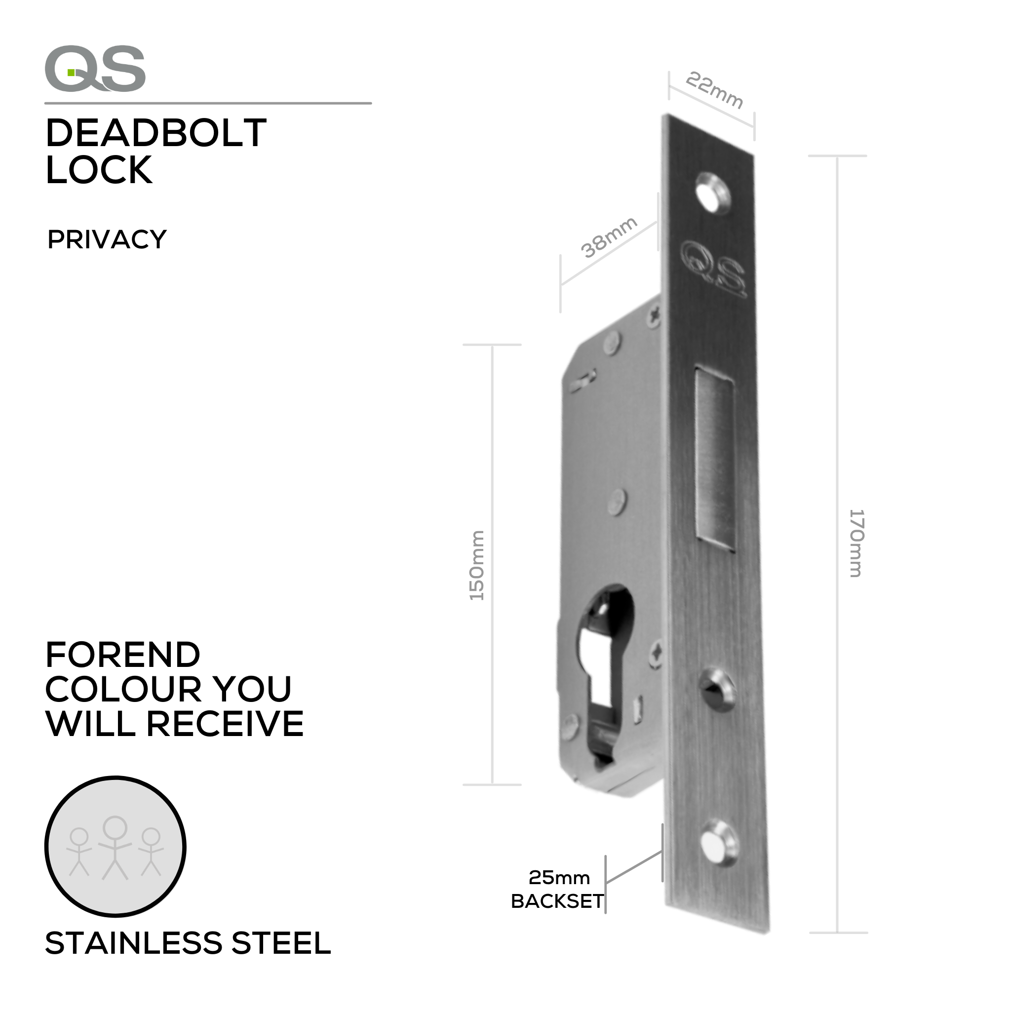 QS0025SS, Privacy, Deadbolt Lock, Euro Cylinder, Excluding Cylinder, 25mm (Backset), Stainless Steel, QS