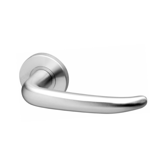 Riga, Lever Handles, Form, On Round Rose, With Escutcheons, Stainless Steel, QS