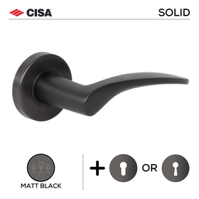 FS115.R._.MBL, Lever Handles, Solid, On Round Rose, With Escutcheons, Matt Black, CISA